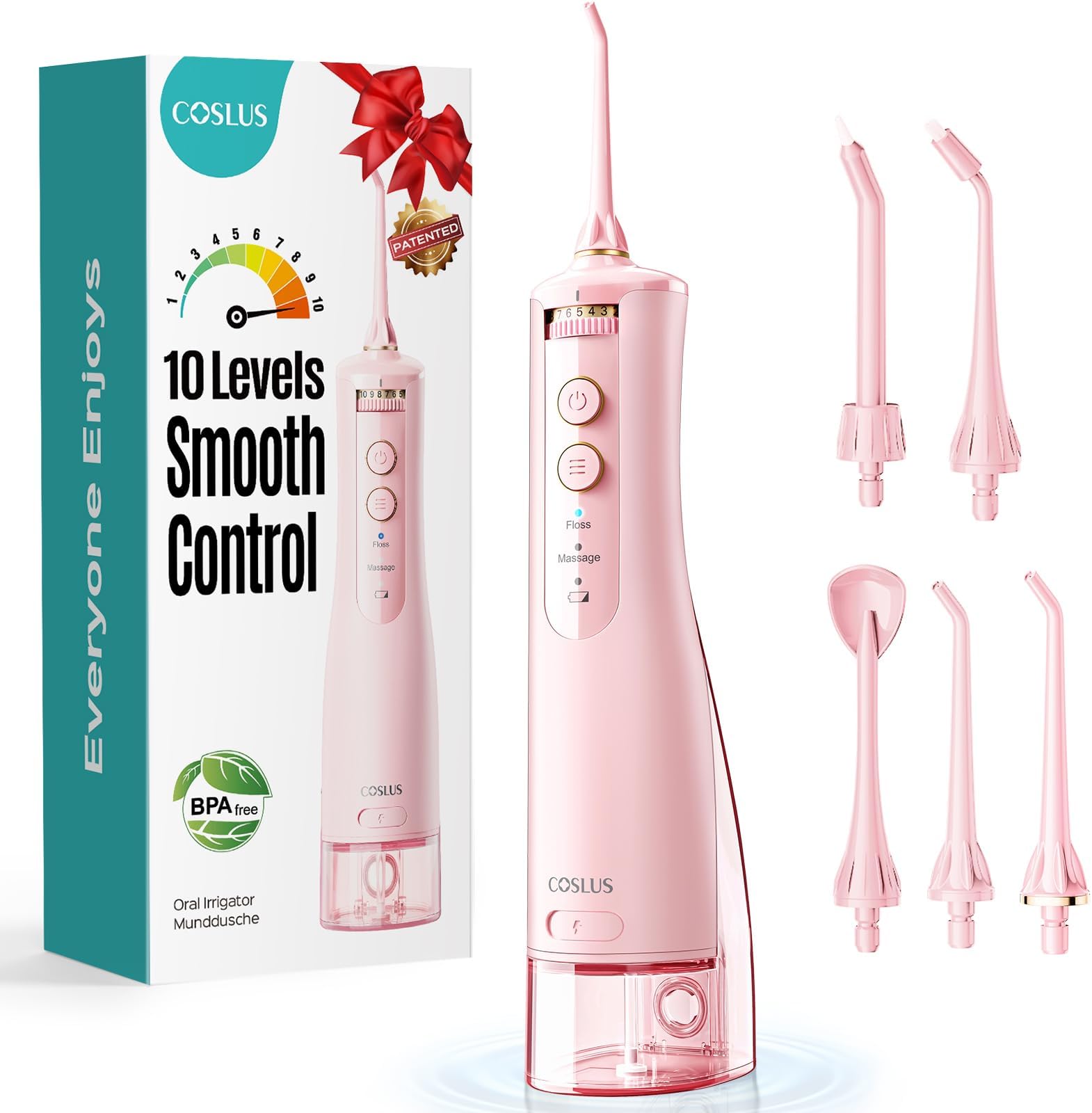 COSLUS Cordless Water Flosser & Dental Pick for Teeth, Braces, Gums Care - Advanced 10 Pressure Settings for Multiple Users, Rechargeable, Portable for Travel, BPA-Free, Pink, E40(WFP14)