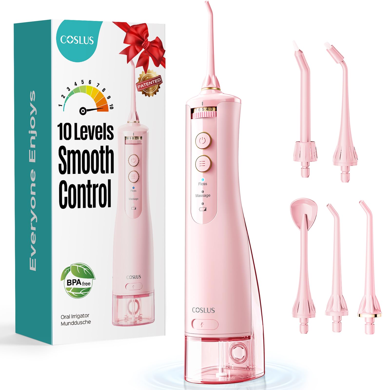 COSLUS Portable Water Flosser for Teeth: 10 Pressure Settings Professional Water Dental Pick for Orthodontic, Braces & Sensitive Gums - Cordless for Travel Use, for Adults Teens, BPA-Free, E40