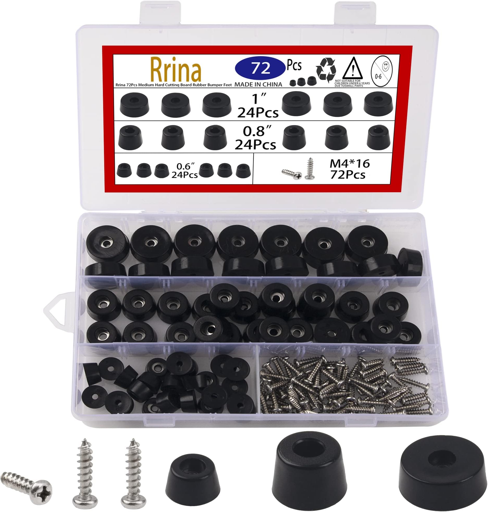 72Pcs Medium Hard Cutting Board Rubber Bumper Feet with Stainless Washer Screws Assortment Kit 3 Sizes 0.6" 0.8" 1" for Electronics Appliances Furniture