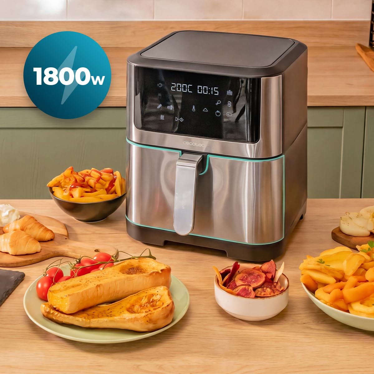Cecotec Frytkownica na gorące powietrze Cecofry Supreme 8000 Hot. pojemność 8 l, 1800 W, konstrukcja ze stali nierdzewnej, sterowanie dotykowe, 10 programów, 30-200 stopni, funkcja Pre-Heat i