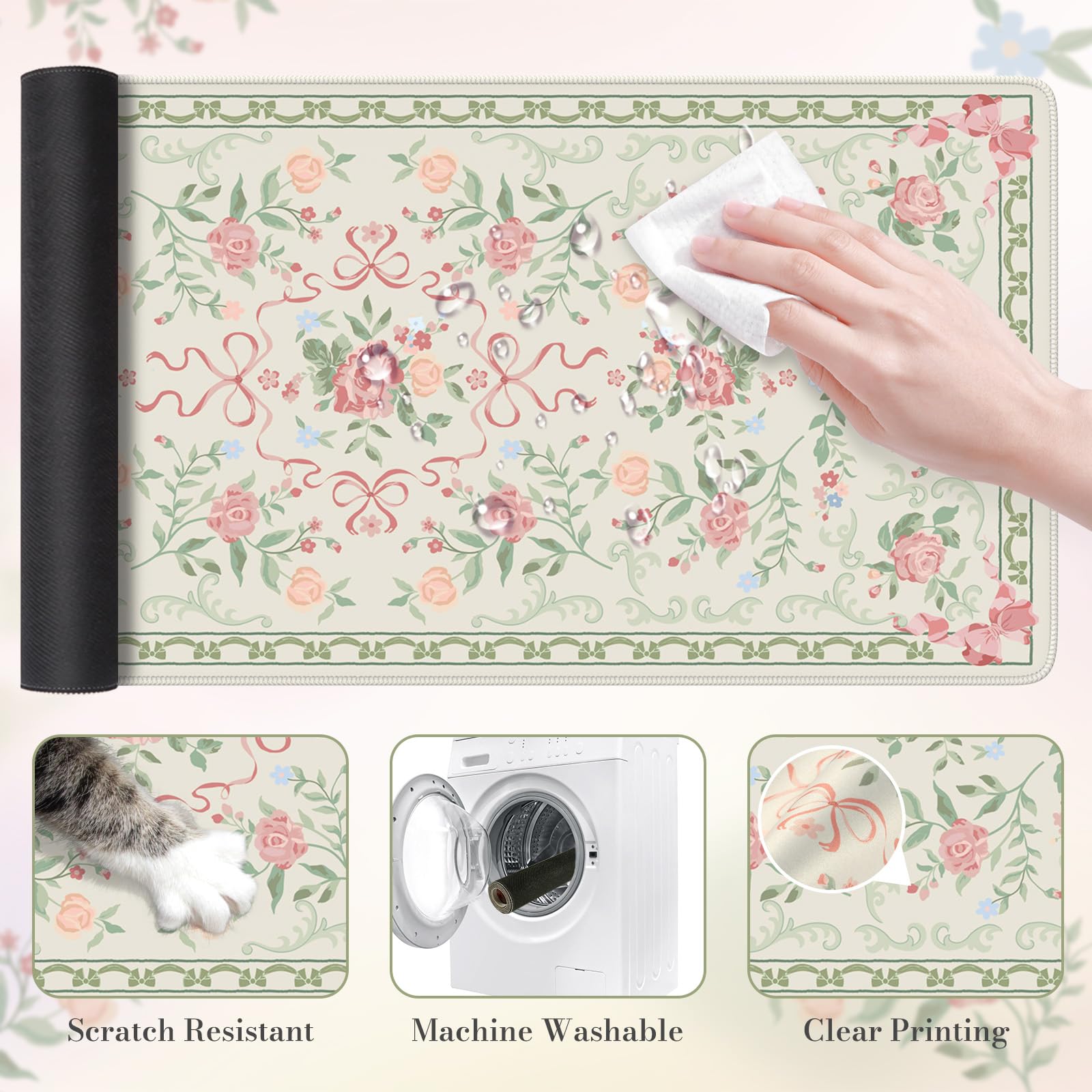HAOCOO Cute Floral Desk Mat, Large Waterproof Mouse Pad, Girly Desk Matt for Desktop, 35.4" x 15.7" Non-Slip Keyboard Pad, Computer Mat with Stitched Edge, Office Decor Home Desk Accessories (): Green