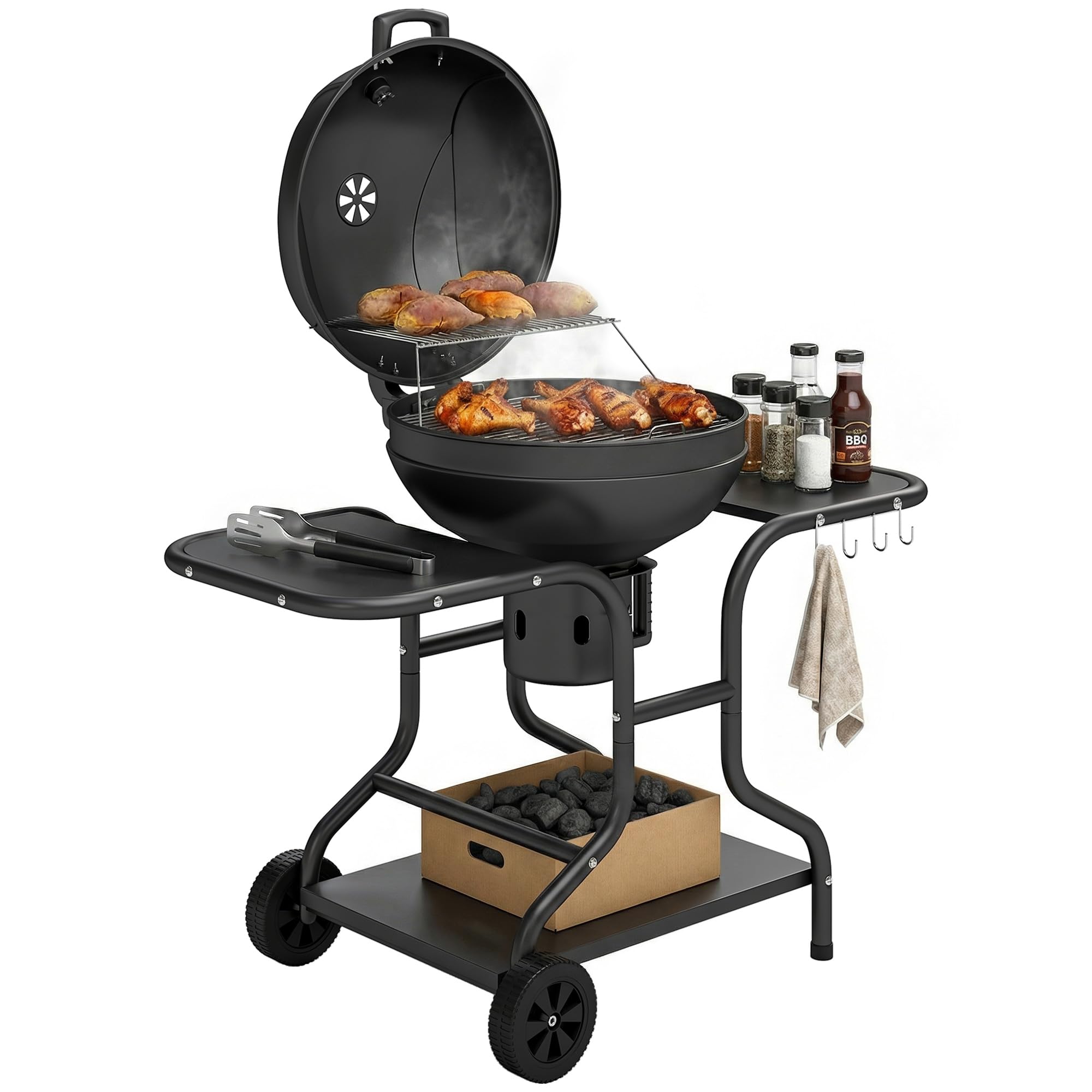 Outsunny Barbecue à charbon Rond avec couvercle Thermomètre Roues Noir | Barbecue Rond Extérieur, Tables Latérales, Étagère Inférieure, Jardin, Terrasse, Charbon De Bois
