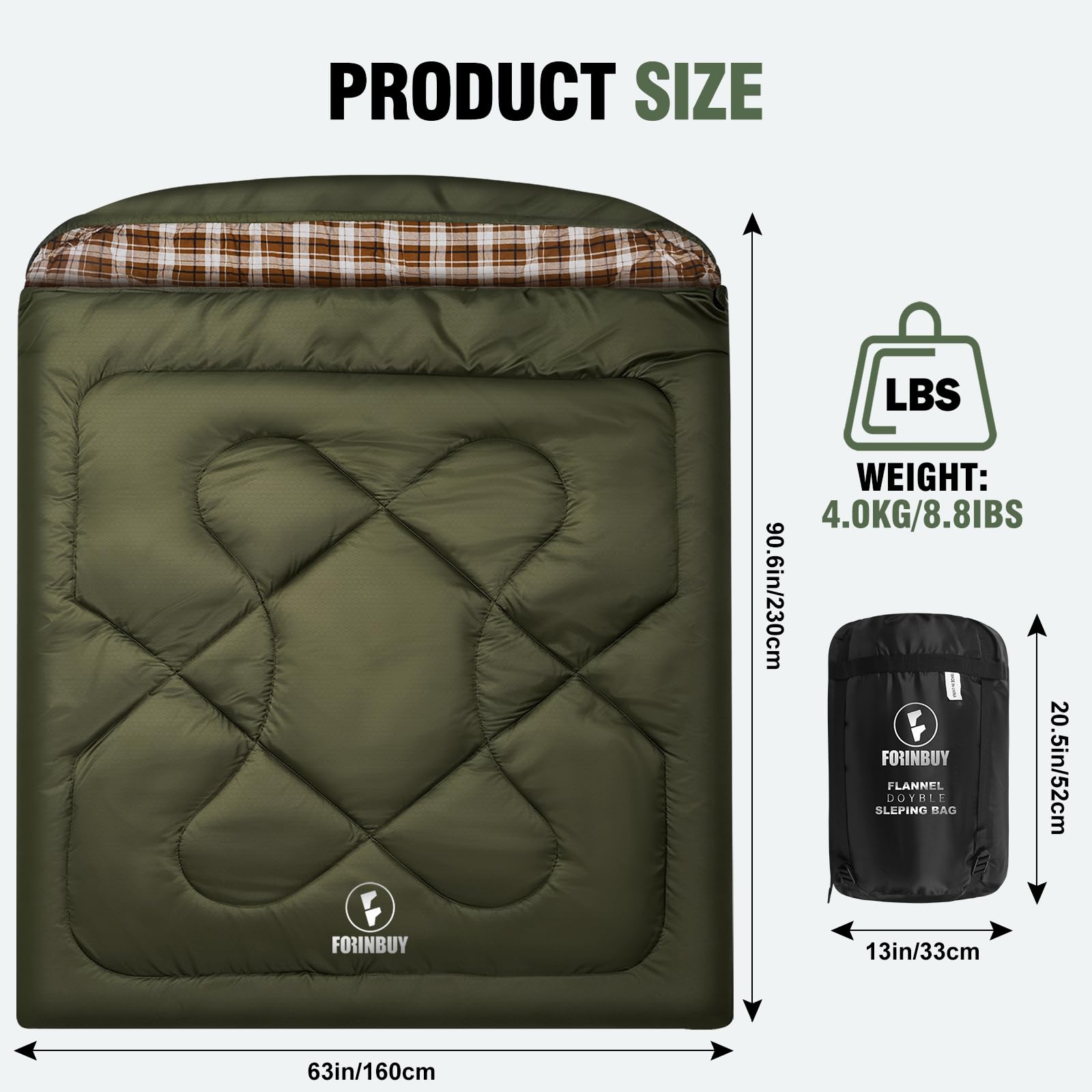 Saco de Dormir Doble Franela para Adultos, 230 x 160 cm | 4 Estaciones, para 2 Personas, impermeable, Cuatro Cremalleras Dobles, Ideal para, camping, caza y viajes en coche, 4.0 kg