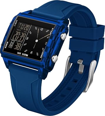 findtime Mens Digital Watch Dual Time Square Watches Waterproof Sport Military Outdoor Unique Cool Big Face Large Rectangle Wrist Watch Alarm Stopwatch Countdown Led Luminous Relojes para Hombres