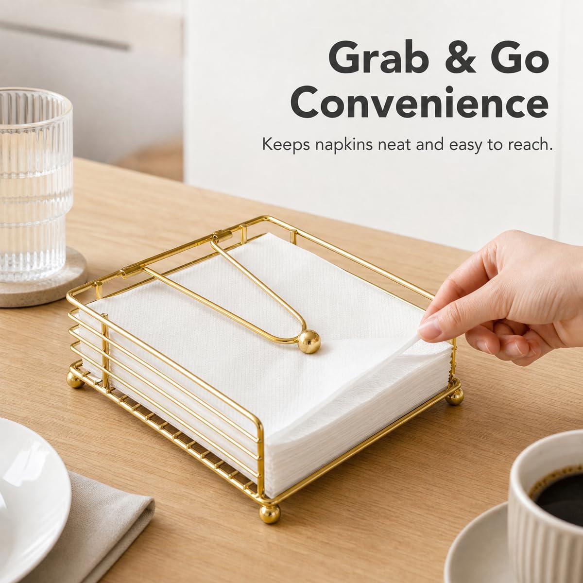 hiwafifi Napkin Holder for Table, Flat Napkin Dispenser with Weighted Arm, Square Cocktail Paper Holder of Elegant Rustic Iron for Kitchen Dining Room Decor Restaurant Farmhouse Hotel Party, Gold