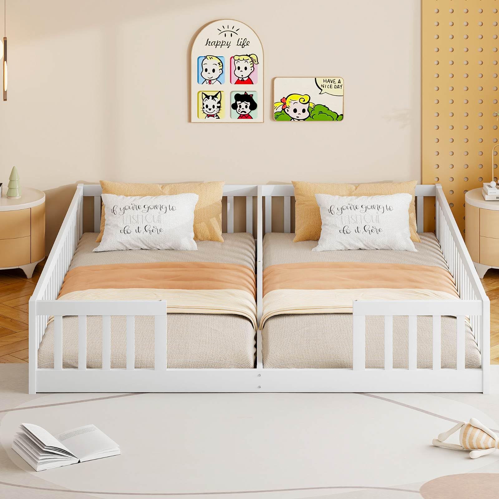 KOMHTOM Cabane Lit d'enfant 2 en 1 90x200CM avec Clôture de Sécurité et Sommier à Lattes en Bois (Blanc)