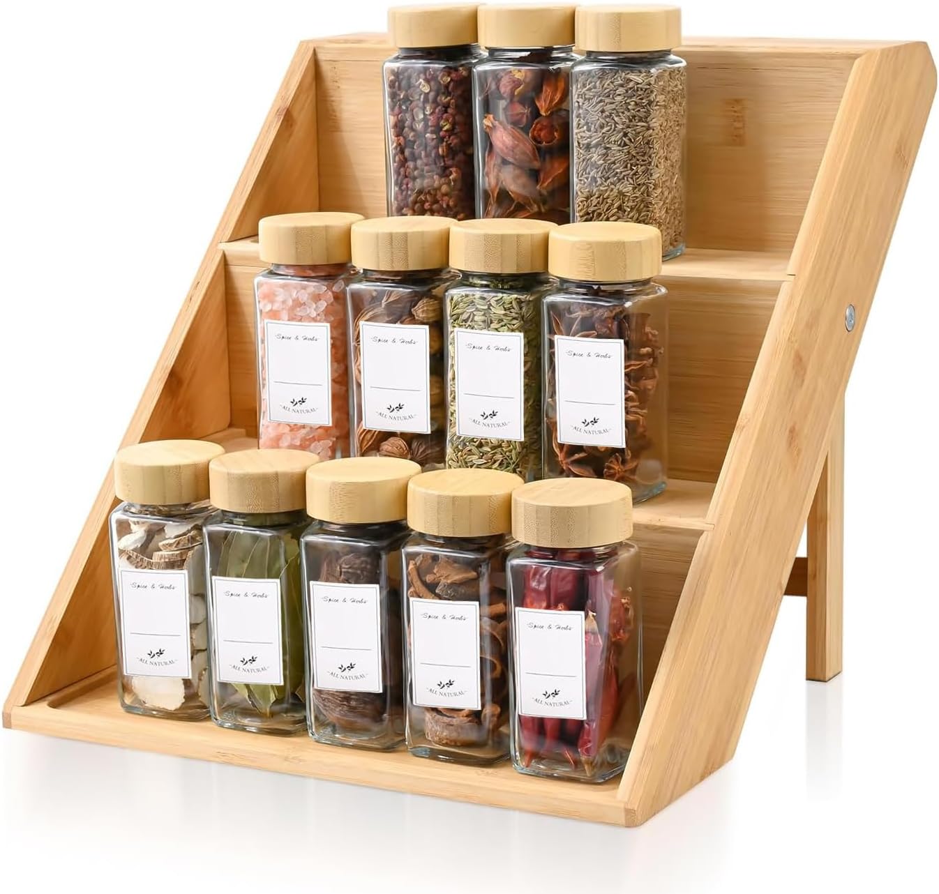 Angju Bamboo Spice Rack and Organizer, 3-tier (33D x 25W x 25.4H centimeters) Seasoning Spice Jar Organizer, Excellent Tiered Wooden Spice Racks Free Standing for Cabinet Drawers and Countertop
