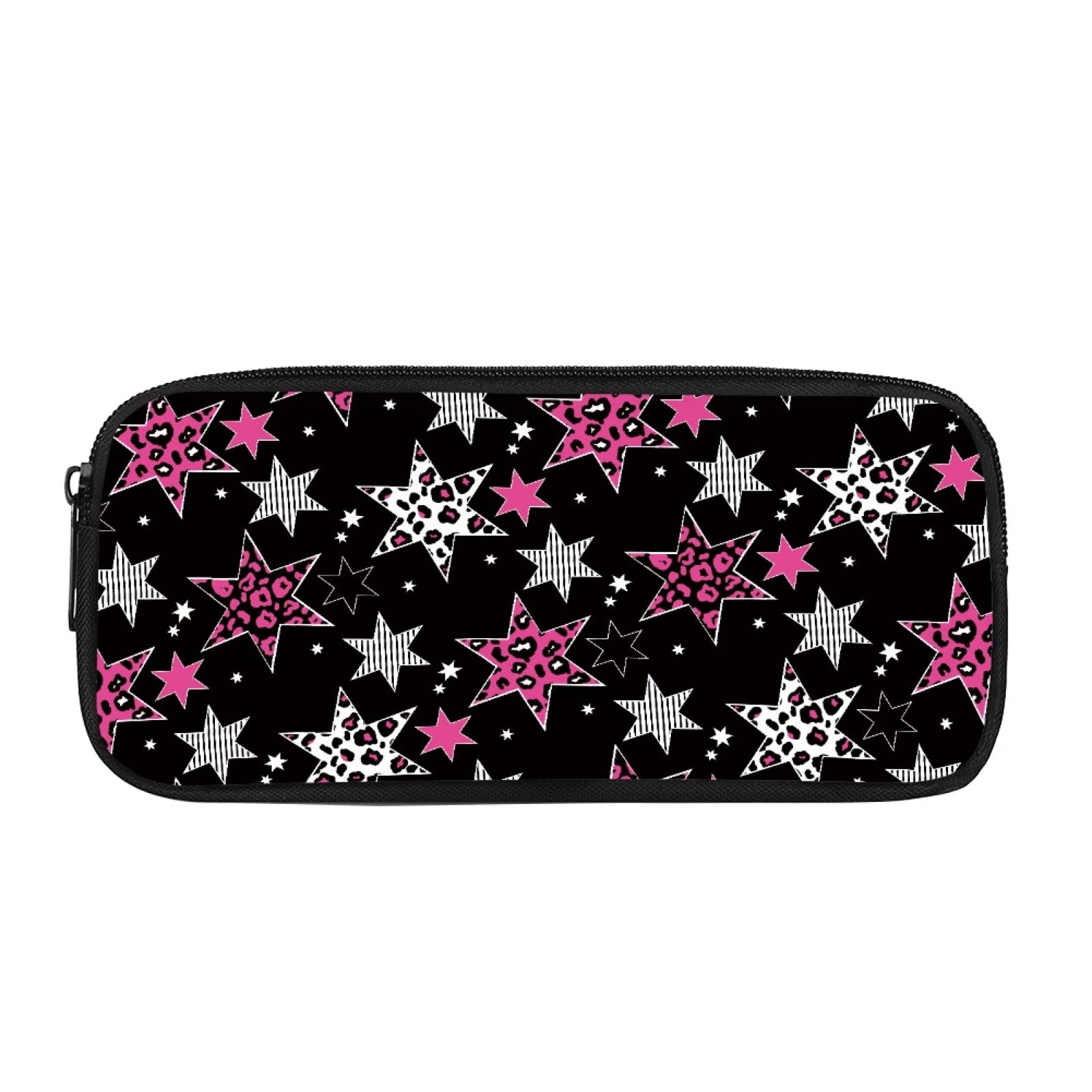 Kuiaobaty Pink Stars Print Girls Pencil Case Leopard Print Star Pattern Pencil Pouch Black Pencil Bag Primary School Students Pen Case — image 1