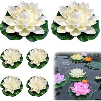 Pack of 6 Water Lily Plants Floating Flowers Artificial Lotus Water Lilies Eva Lotus Flower for Ponds Decoration Garden Patio Pool Aquarium Decoration White
