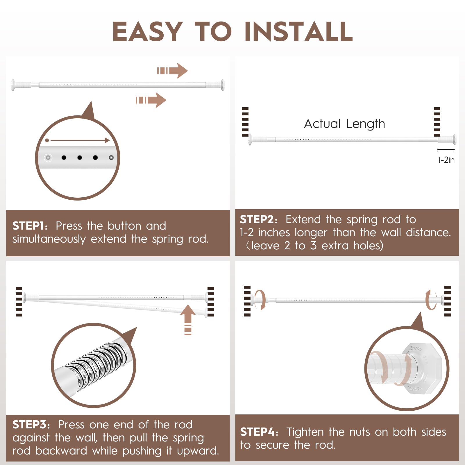 Bastone per tenda a tensione, 130-400 cm, senza foratura, extra lungo, per esterni, per patio, aste a molla regolabili per finestra del bagno, facile da installare, non arrugginisce, bianco