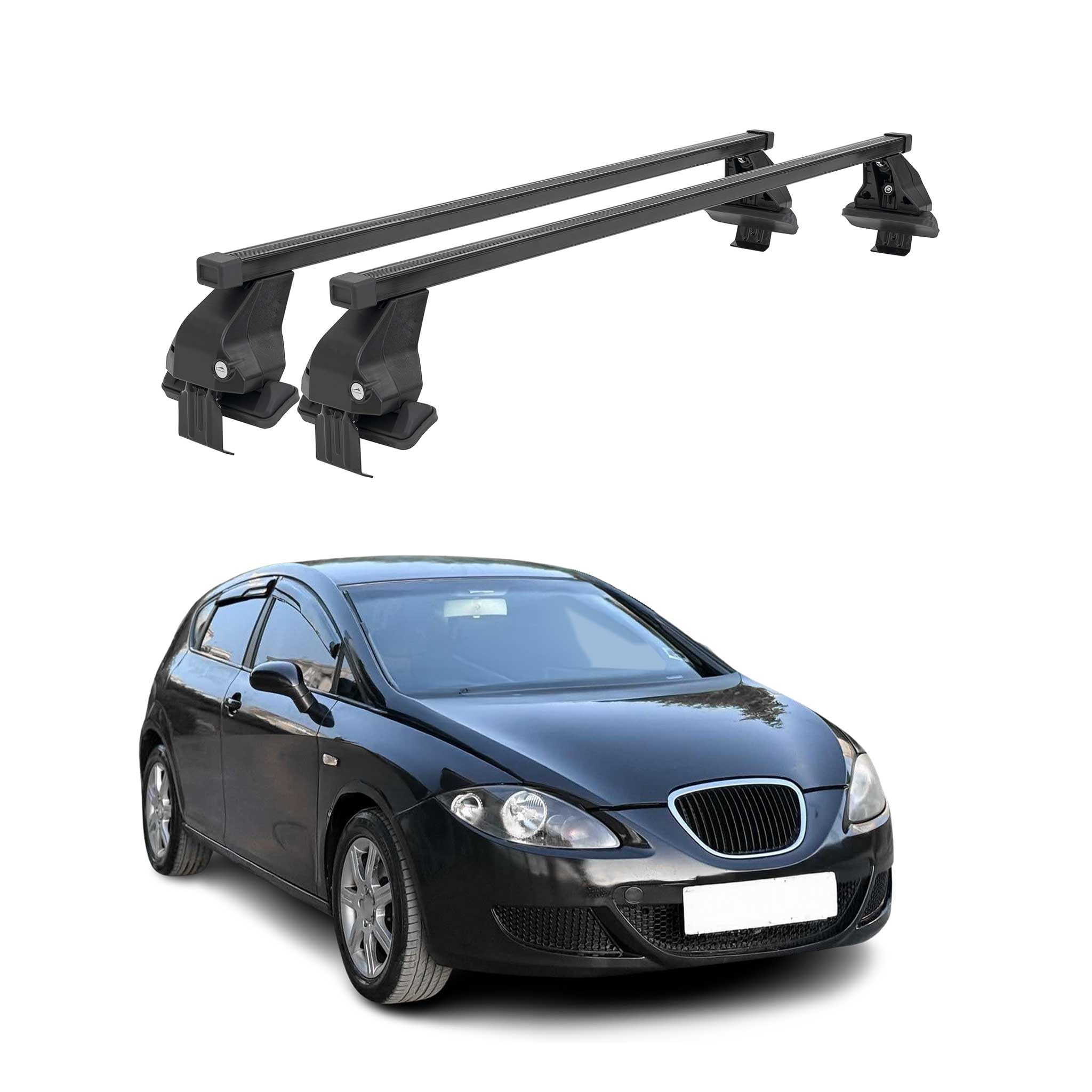 OMAC Barras de techo transversales de acero para Seat Leon II 2005-2012 – Incluye candado – Aprobado en prueba City Crash – DIN 75302:2019 – ISO/Pas 11154:2006 – Carga máxima 50 kg Negro