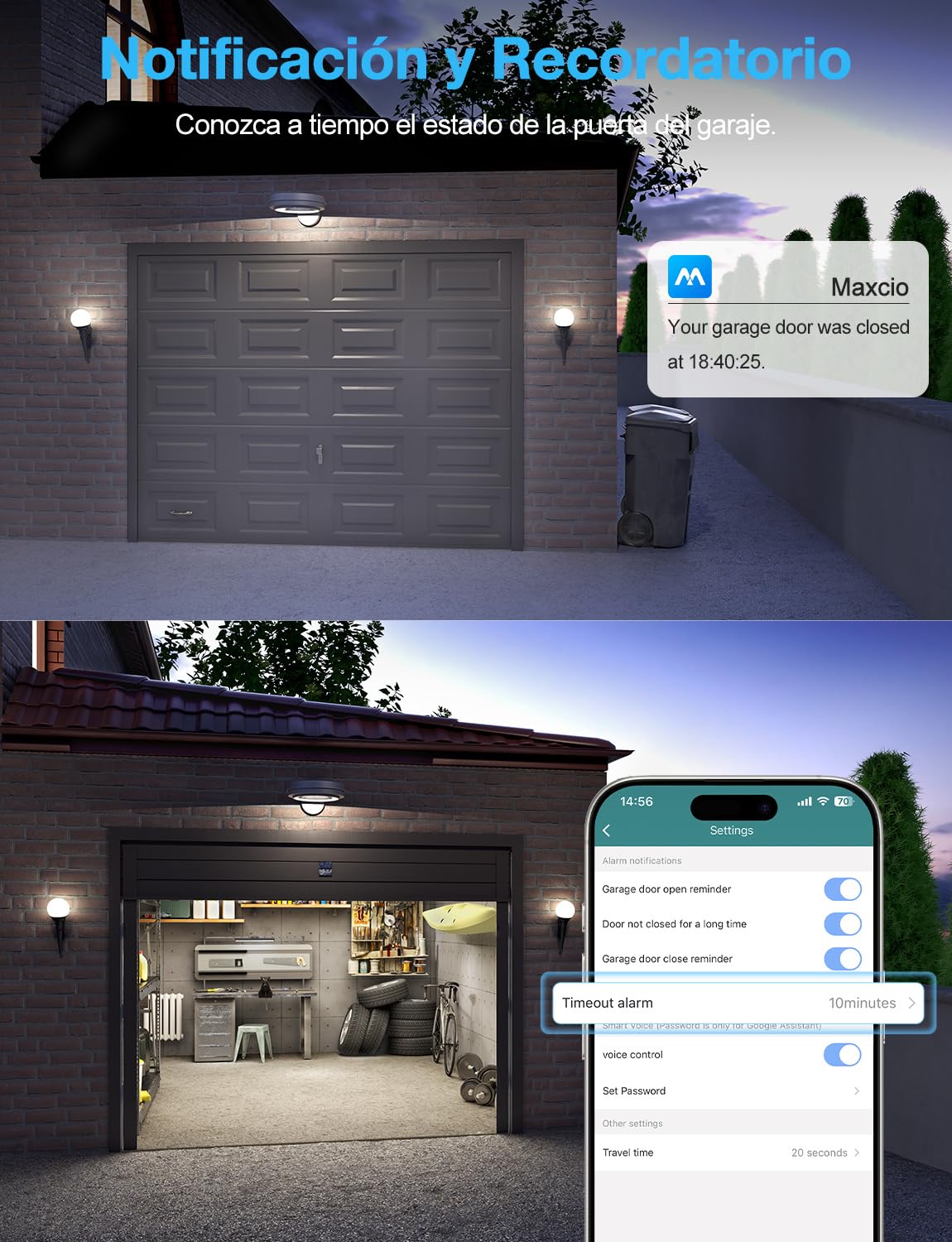 Maxcio Abridor de Puerta de Garaje Inteligente WiFi, Compatible con Alexa/Google Home, Control por Aplicación, control por Voz, compatible con CC y CA, No Requiere Hub, Con Control Remoto