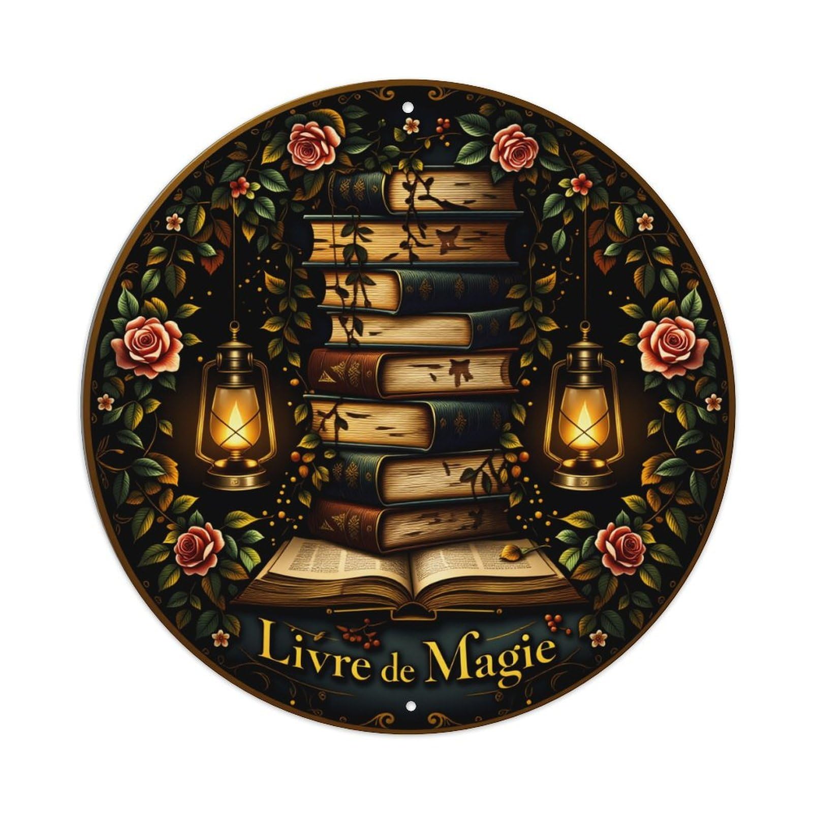 Books Lanterns Roses Leaves Magic Text Round Vintage Tin Sign,Retro Wall Art,Metal Poster for Home, Bar, Garage, Cafe, Rustic Indoor & Outdoor Decor, 8x8 Inches