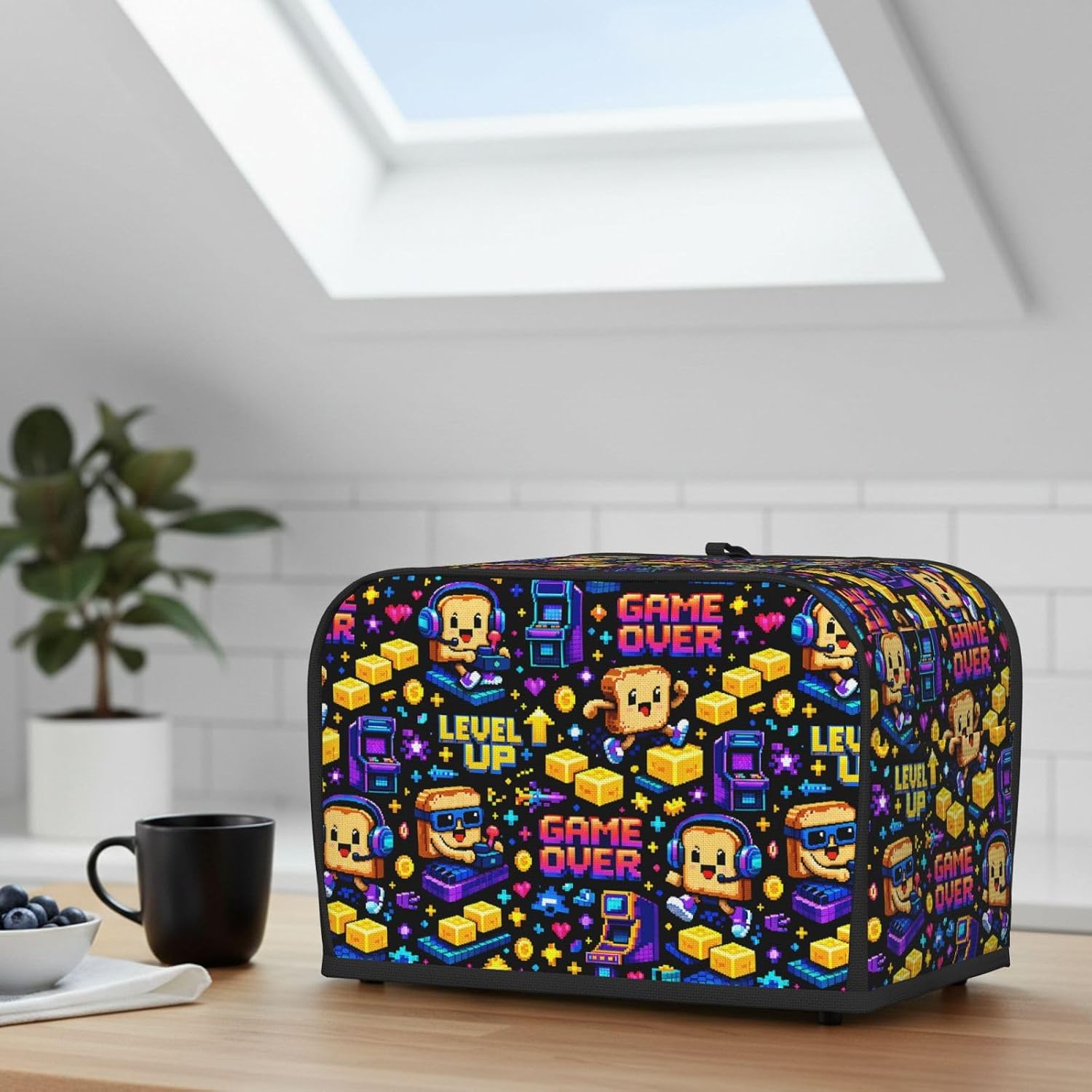 2 Slice Toaster Cover Retro Gamer Toast Pattern Water-Resistant Bread Maker Dust Cover with Storage Pocket, Washable Kitchen Appliance Protector, Housewarming Gift, 11.4x7.5x7.9 Inch image 3
