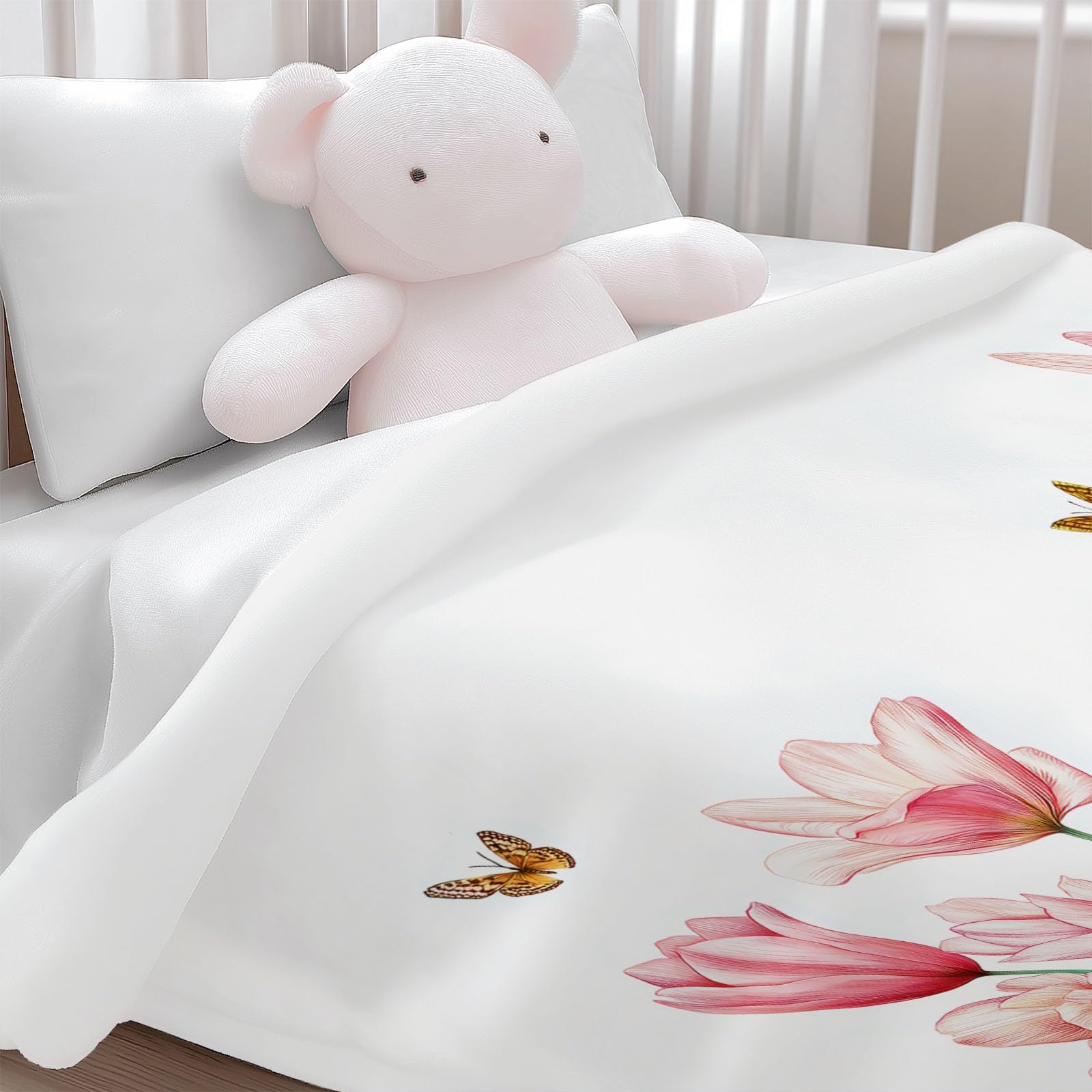 Przytulny koc flanelowy, puszysty, 150 x 200 cm, akwarelowe kwiaty i motyle, koc do mieszkania na kanapę i łóżko, miękki koc polarowy z mikrofibry, jako narzuta na kanapę, różowy