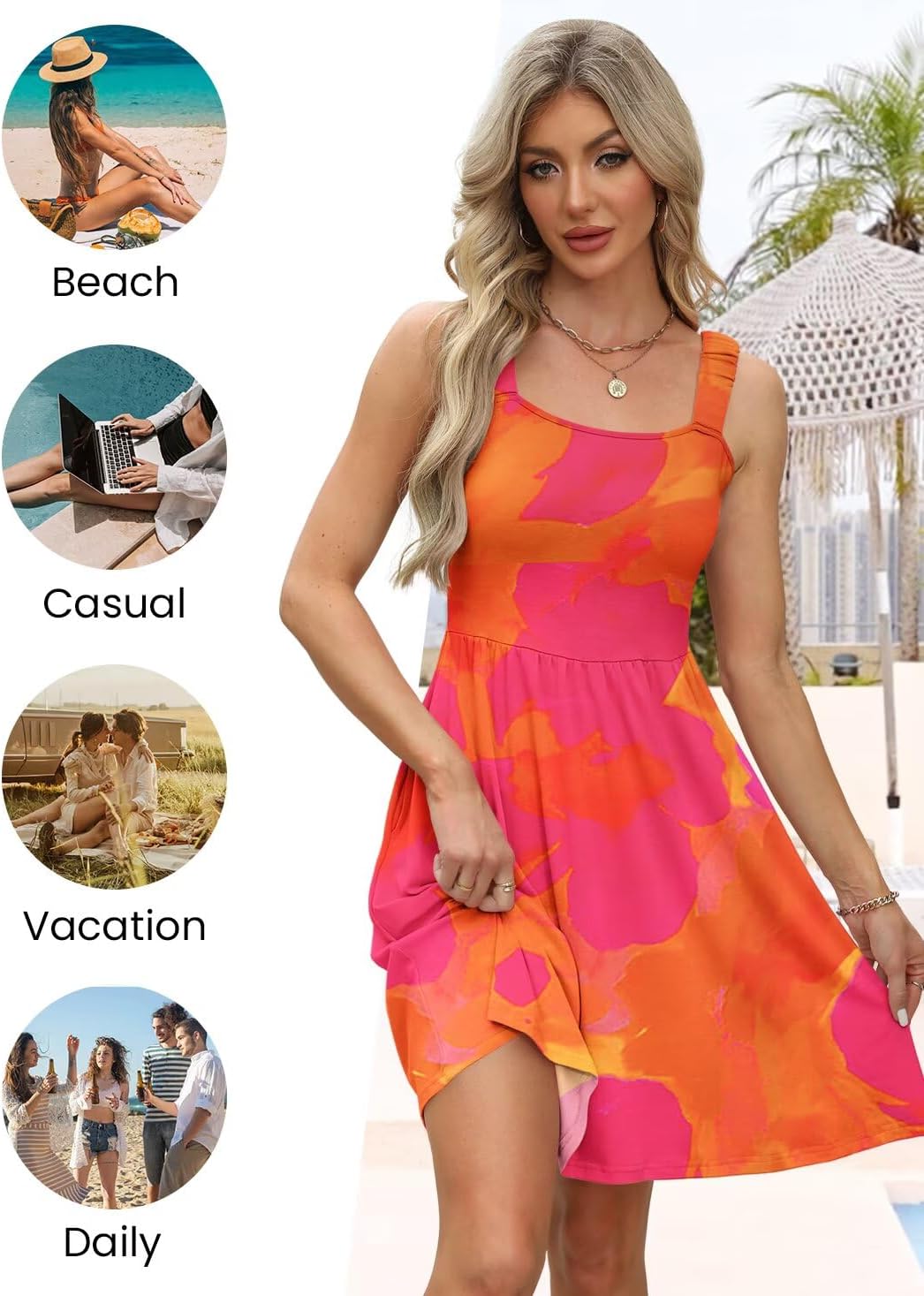 QACOHU Summer Dresses for Women 2026 Square Neck Sleeveless Sundress Casual Pocket A-Line Midi Dress