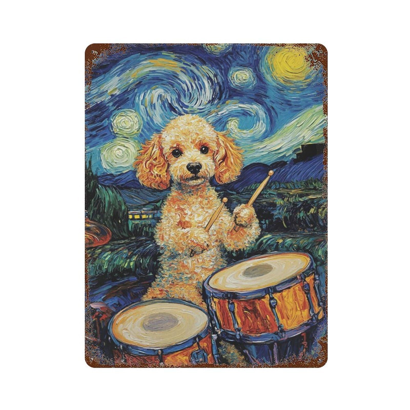 Dog Drummer Starry Night 15.7"x11.8" Distressed Metal Wall Sign, Shabby Chic Decor for Office, Studio And Wall Decor
