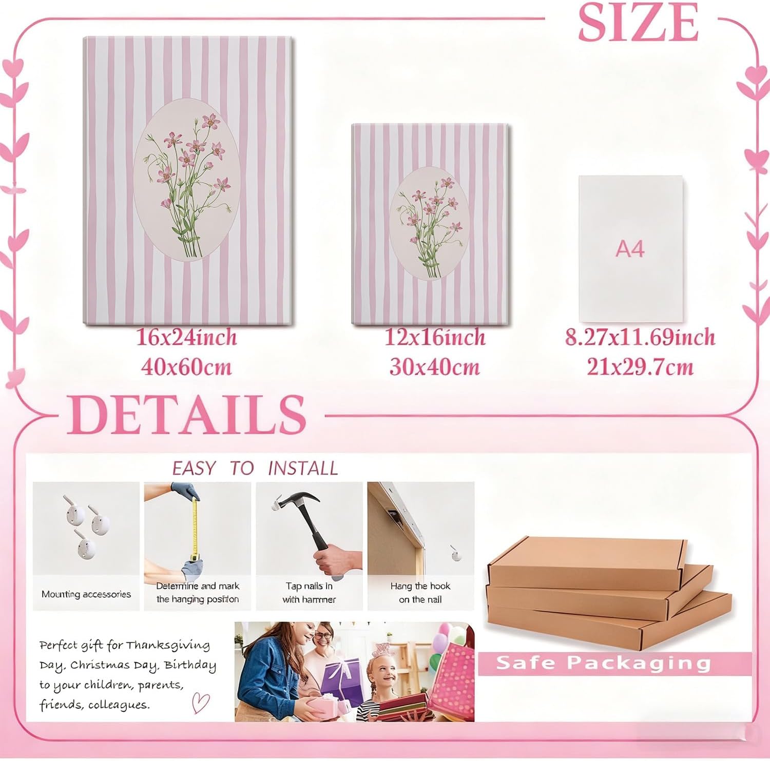 SongZest 3 Piece Pink Floral Canvas Framed Wall Art Pink Striped Flower Art Prints Cottagecore Botanical Pictures Wall Decor Minimalist Aesthetic Paintings Artwork for Bedroom Bathroom Living Room 12x16in