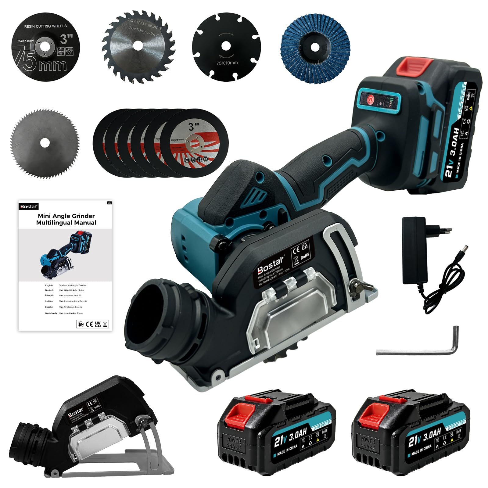 Bostar Mini Scie Circulaire & Meuleuse d'Angle sans Fil 76mm - Moteur Brushless, 2 Vitesses (8000-12000 tr/min), Coupe 0-20mm (90° Fixe), 2x Batteries 3.0Ah, Compatible avec Makita 18V LXT