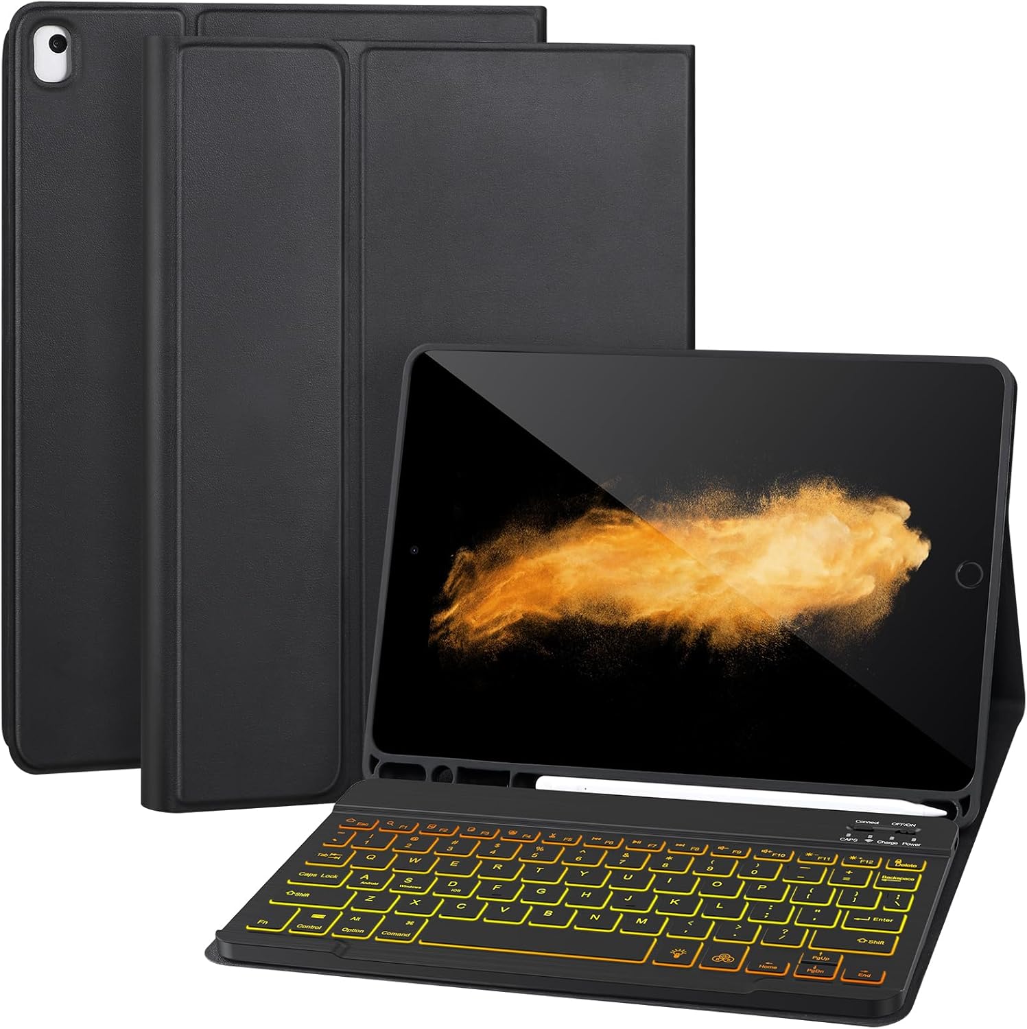 AHYWTAN Keyboard Case for iPad 9/8/7th Gen 10.2, Bluetooth Keyboard with 7 Color Backlit, iPad 10.2 inch Case with Keyboard, Pencil Holder, Black-L