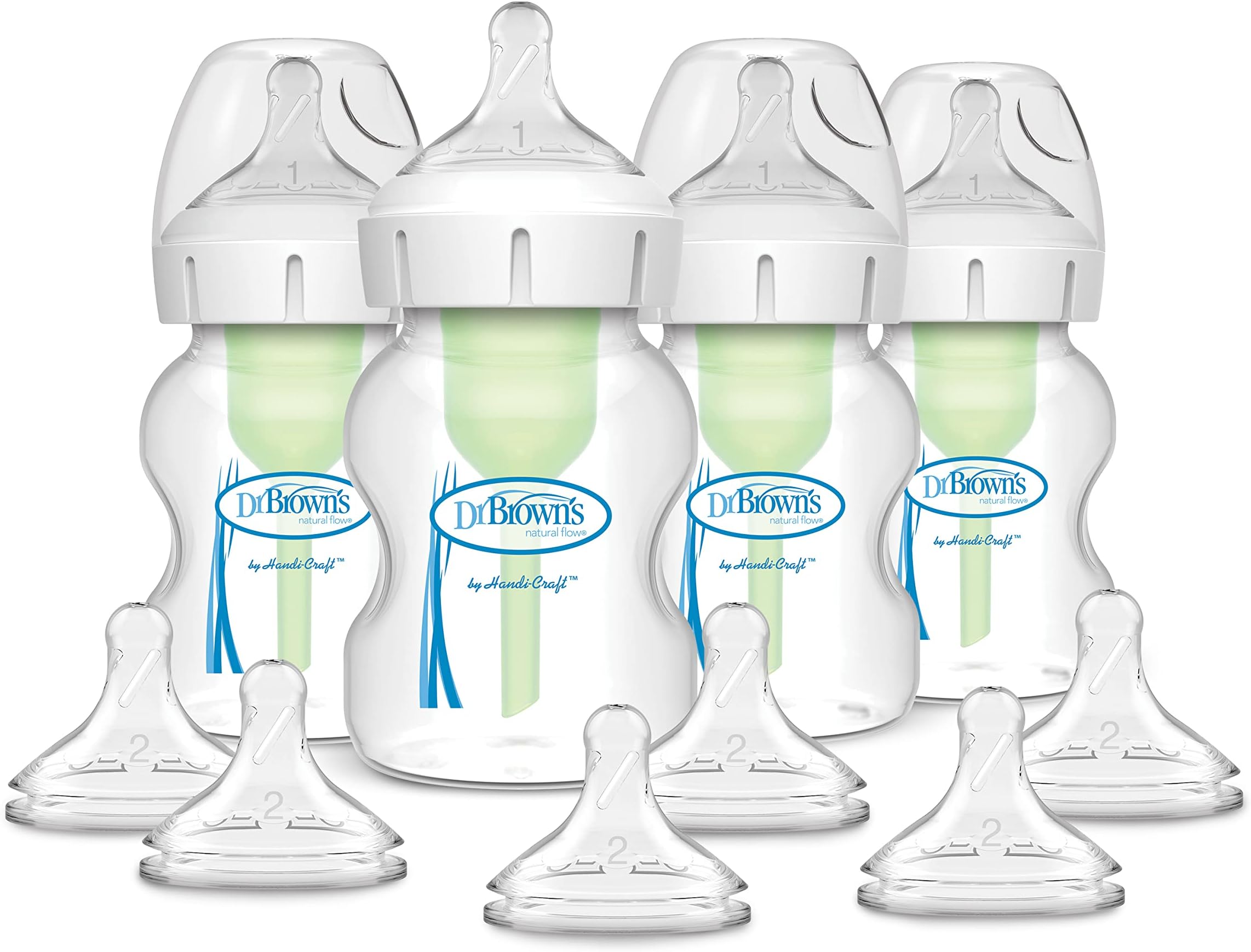 Dr. Brownโs Natural Flowยฎ Anti-Colic Options+โข Wide-Neck Baby Bottle, 5 oz/150 mL, Level 1 Nipple, 4-Pack, 0m+ with 6-Pack Level 2 Nipples