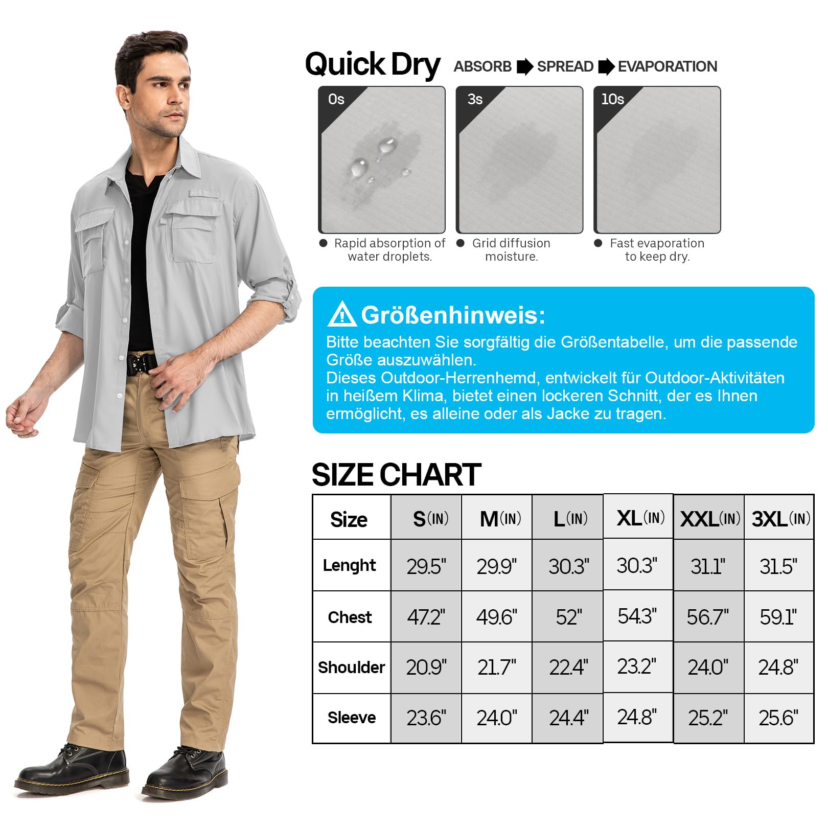 yeyity Camisa de hombre manga larga Safari UPF50 con protección UV transpirable botones para senderismo pesca trekking
