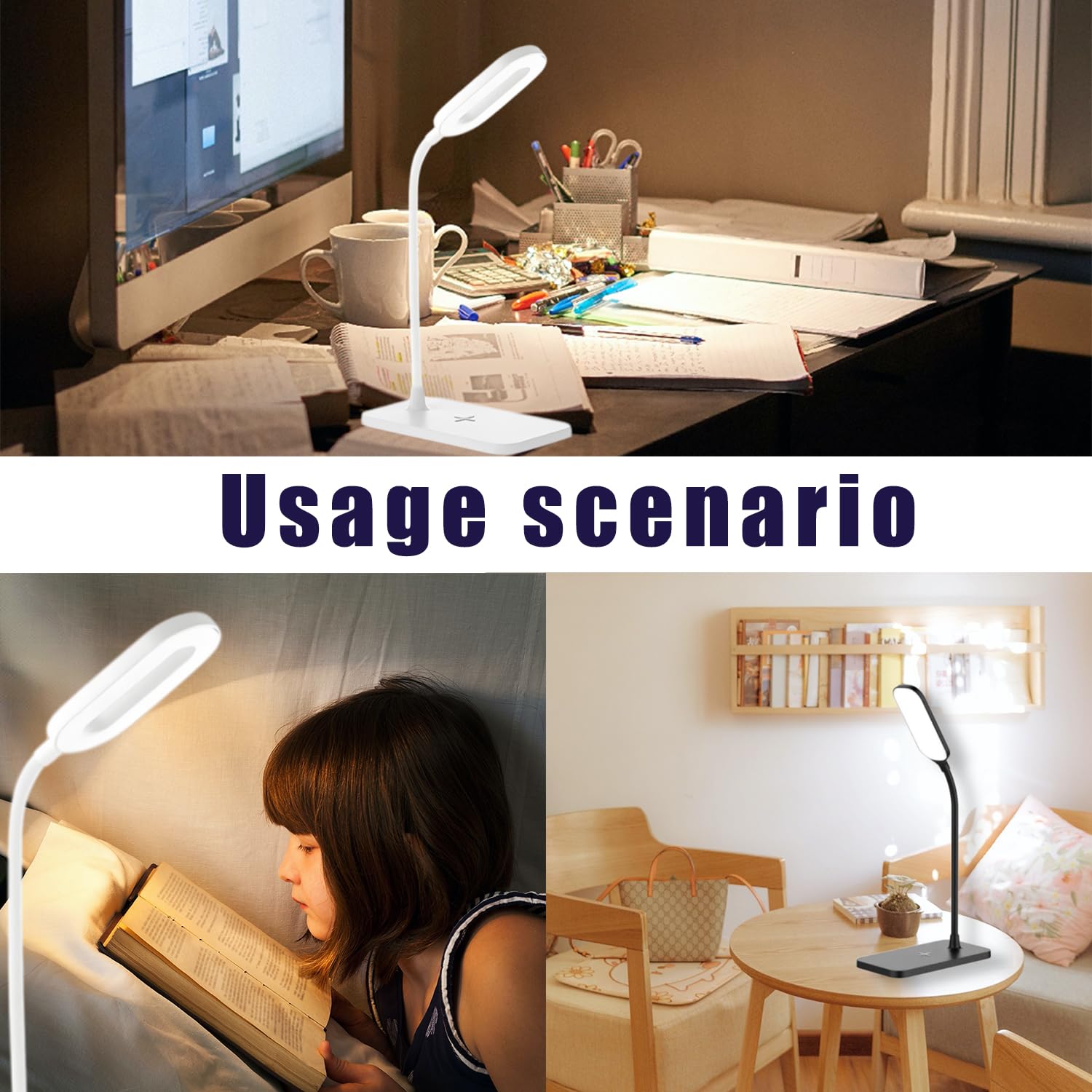 2 lámparas LED de escritorio, lámpara de mesa, luz de noche para el hogar, 3 modos de iluminación, carga rápida inalámbrica, control táctil de luz de escritorio con cuello de cisne ajustable 6