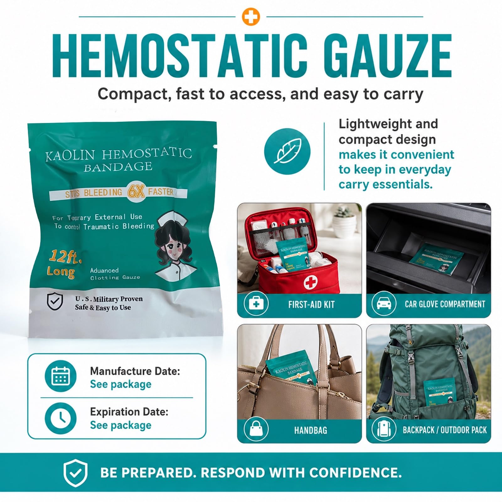 Quick Clot Gauze, kit avanzado de primeros auxilios para detener el sangrado de combate, gasa hemostática flexible, parada de sangrado más rápido, embalaje médico de heridas, suministros de kit de