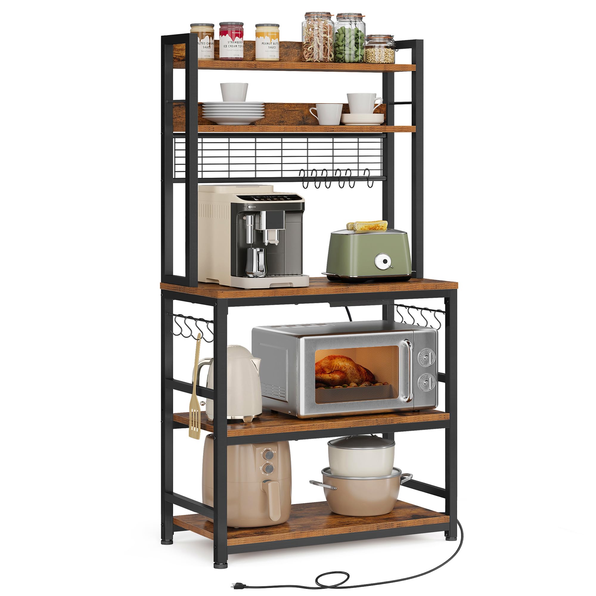 VASAGLE Scaffale Cucina con Multipresa, Scaffale per Microonde, Mobile Cucina, con Pannello a Rete Metallica, 14 Ganci, 40 x 80 x 170 cm, Marrone Vintage e Nero KKS025B01EU