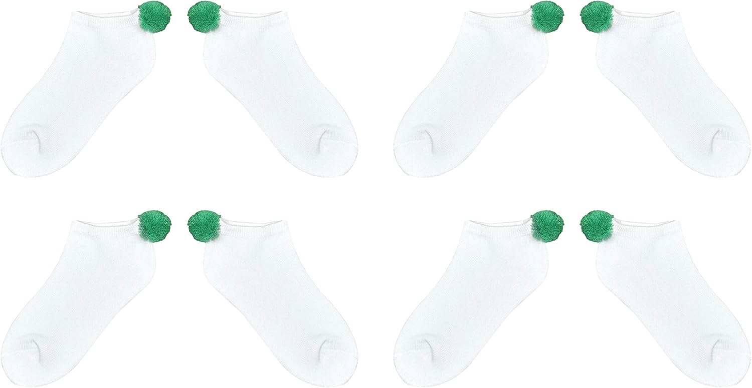 NEW! Pom Pom Socks Girls (4 Pair) Youth - Lowcut Ped Socks Pom-Pom Athletic Socks - Fits Kids Shoe Size: 9-3 (Green 4 Pair) - Image 2