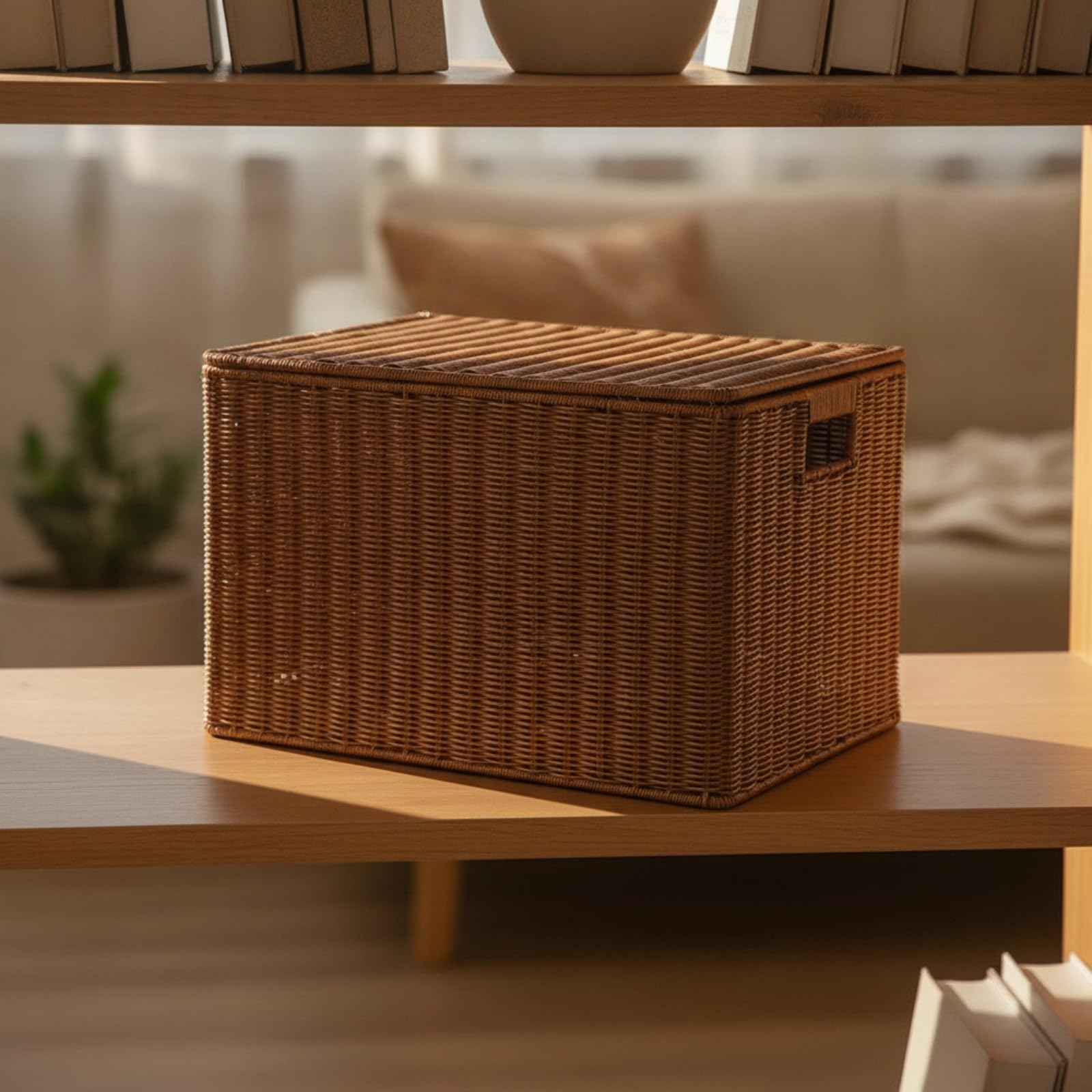 Cesto Portaoggetti con Coperchio Rettangolare Scatola in Finto Rattan Naturale Cesto in Rattan per Armadio, 50x35x31cm