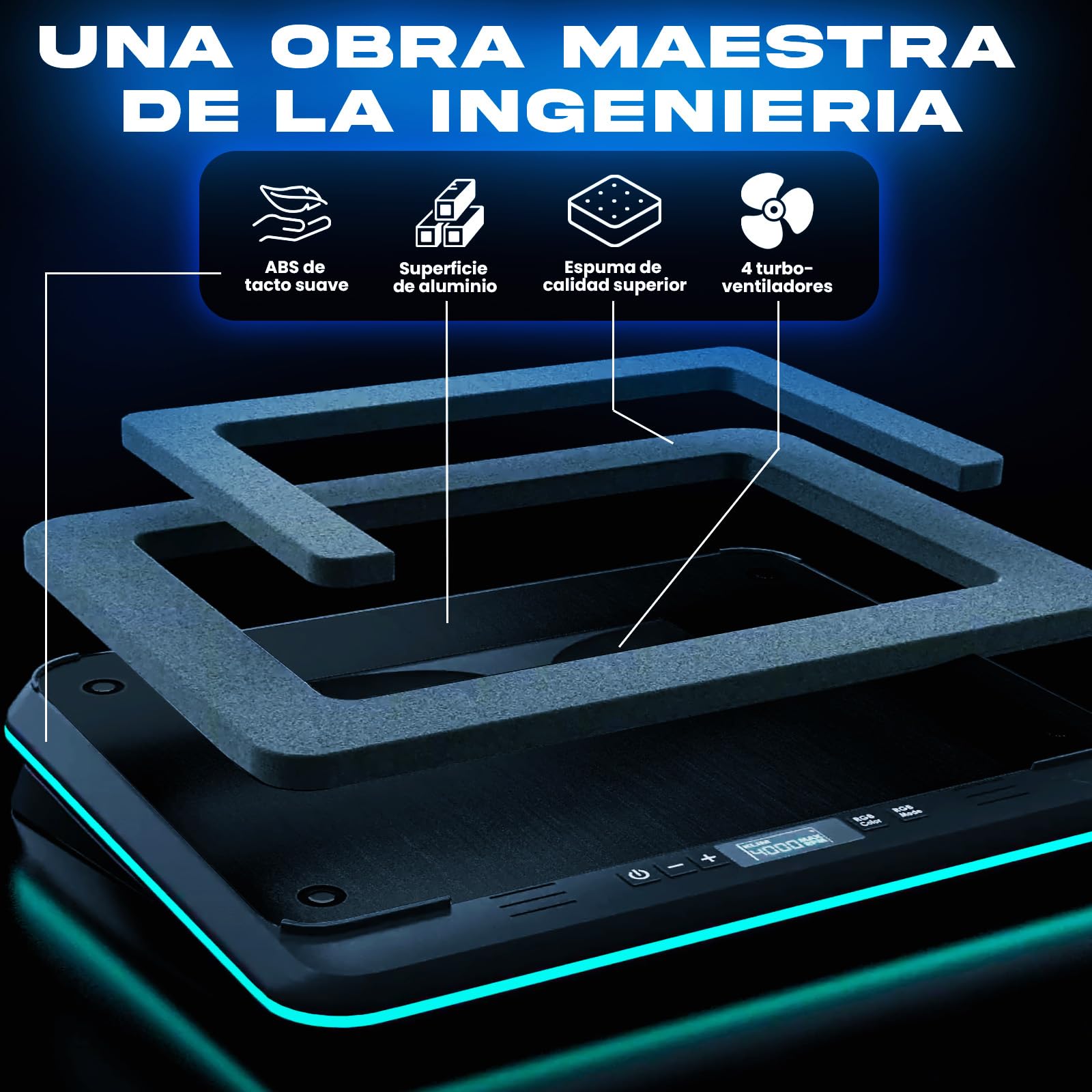 KLIM Turbofrost Base Refrigeradora Portátil - 4 ventiladores x 4000 RPM - Ventilador para Portatil RGB, 4 puertos USB, espuma sellada, Base Portatil refrigeracion rápida - Compatible hasta 17" - Negro