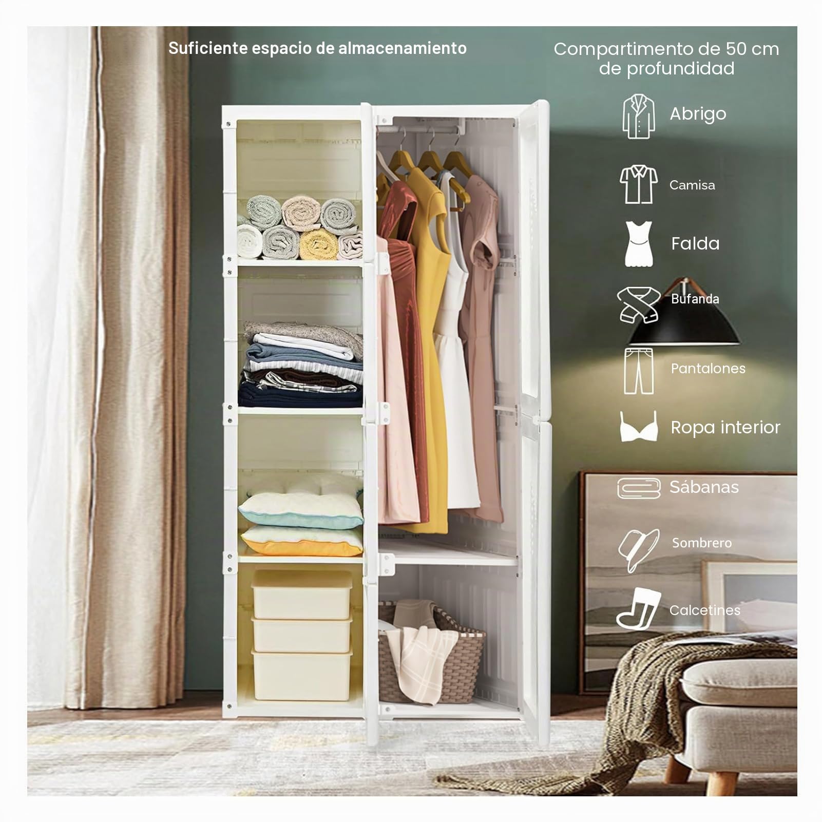 Armario Plegable de Plástico, Guardarropa Portátil con 6 Cubos y 1 Barra Colgador - 135x36x50 cm Armario Pequeño Modular para Dormitorio, Fácil Montaje,Blanco