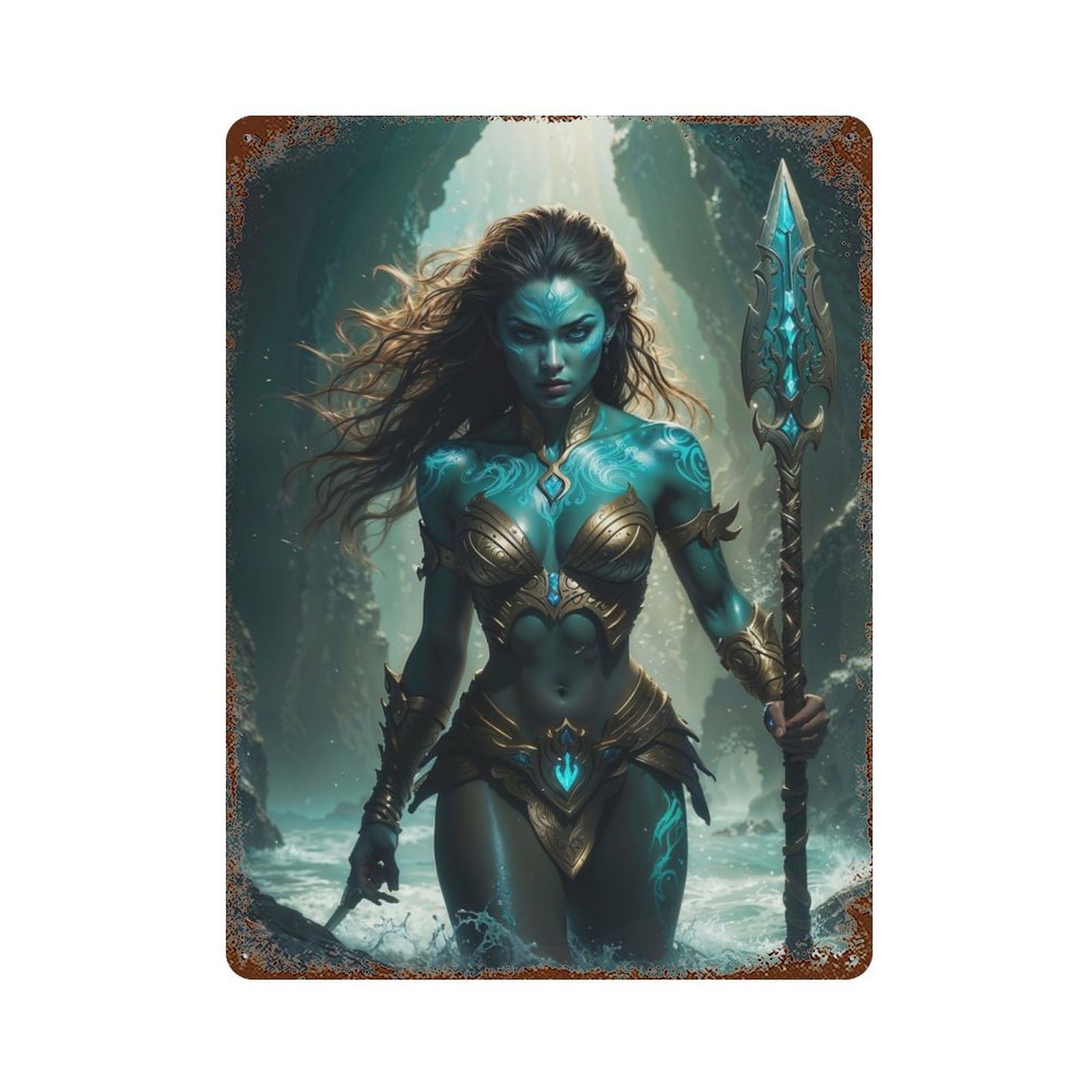 Rust Effect Atlantean Spear Goddess Vintage Rust Metal Sign 15.7"x11.8", Vintage Wall Decor for Garage, Bar And Workshop Decor