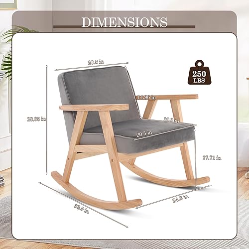 Miniatura 2 de JEEOHEY Mecedora de terciopelo moderno de mediados de siglo, cómoda silla tapizada con brazo deslizante con madera maciza para sala de estar,