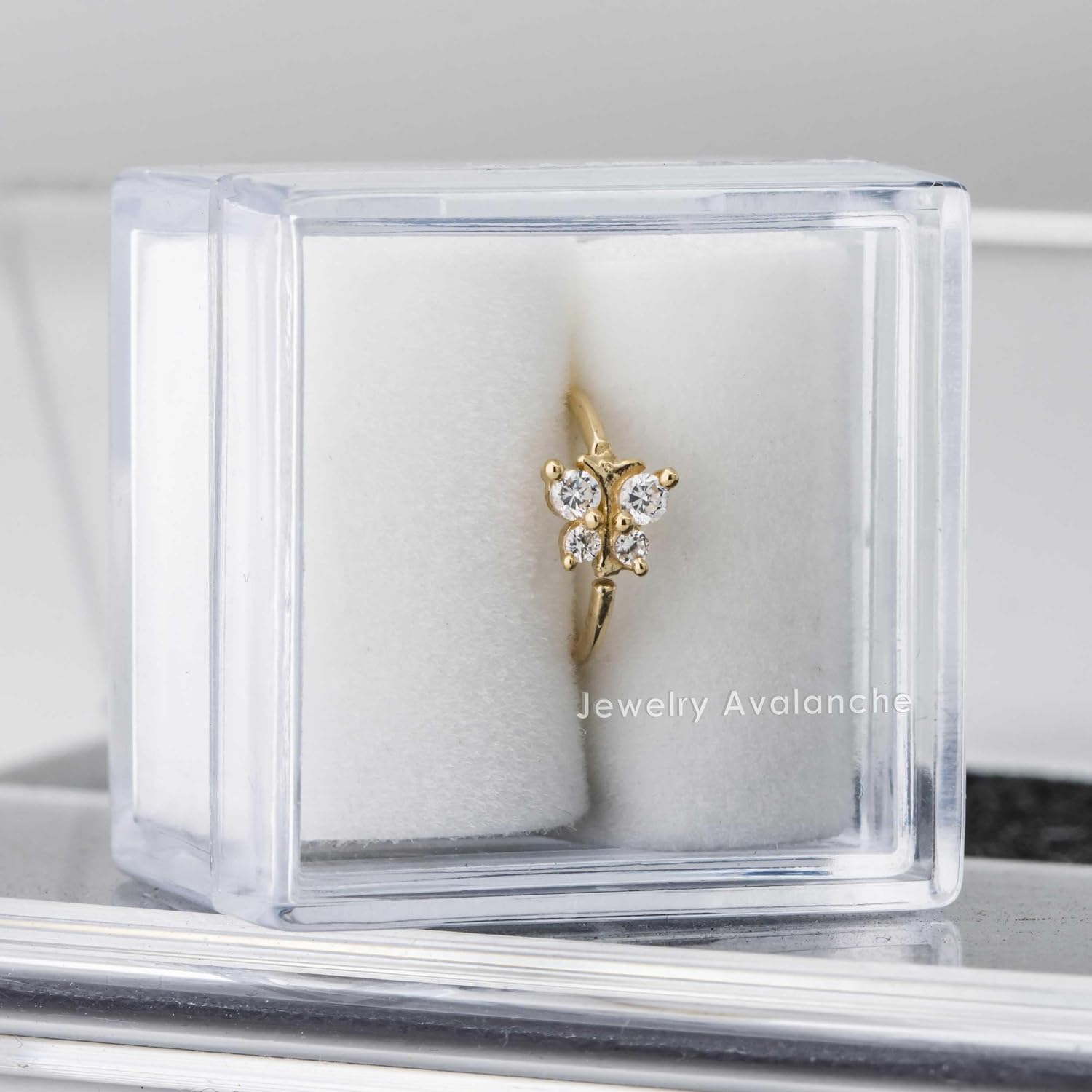 Solid 14K Yellow Gold Butterfly Nose Ring, 20G CZ Nose Hoop, 8mm, Twist-open 14KNH029BTF-CZ