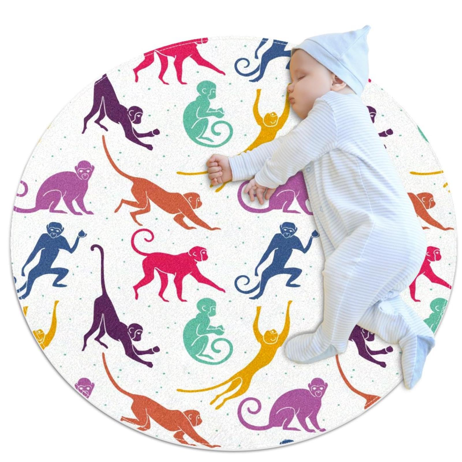 Tapis de salle de bain rond 1m antidérapant avec motif singes et camomille pour chambre
