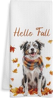 WOTYPU Fall Australian Shepherd Kitchen Towels, Australian Shepherd Lover Gifts Dish Tea Towel for Kitchen Decor, Farmhouse Fall Autumn Maple Leaf Dog Hand Towels for Bathroom Decor, 16X24 Inch