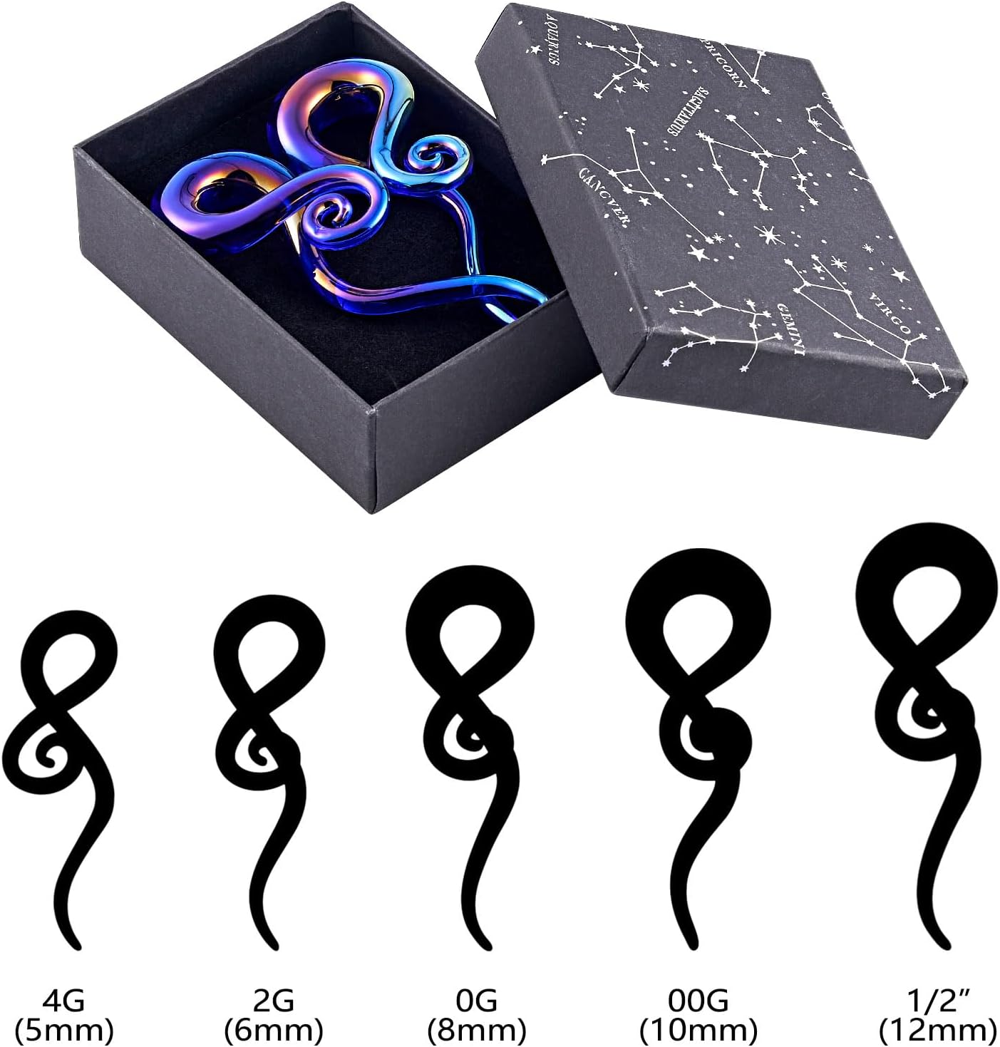 Qmcandy 2pcs Glass Splatter Spiral Ear Tapers Hanger Gauges Piercing Gauges for Ear 4g-12mm