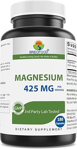 Brieofood Magnesio 425mg (de glicinato y óxido de magnesio) - 180 cápsulas - Hecho en los Estados Unidos