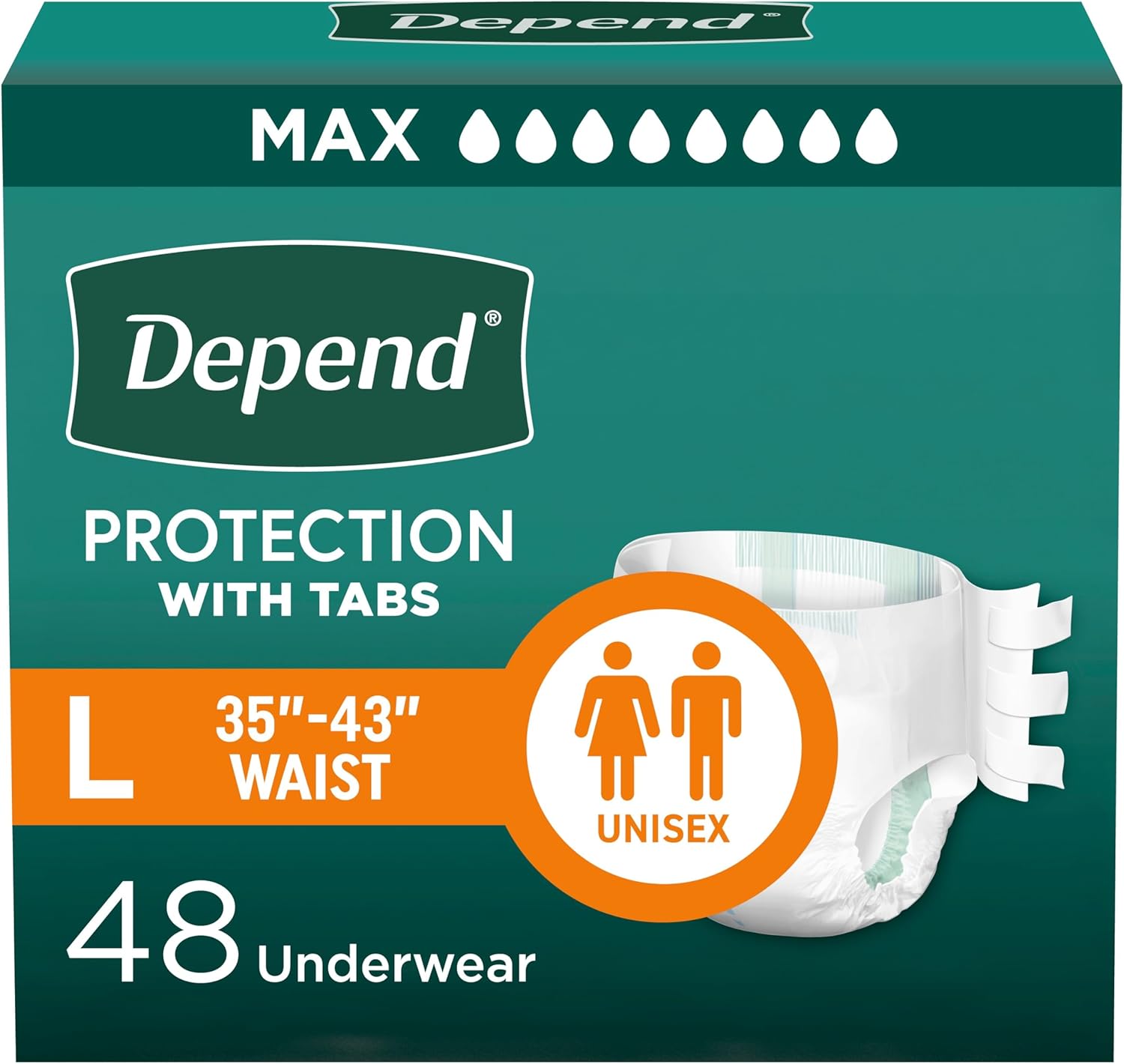 Depend Incontinence Protection with Tabs, Unisex, Large (35–49" Waist, over 170 lbs), Maximum Absorbency, 48 Count (3 Packs of 16) Large (48 Count)
