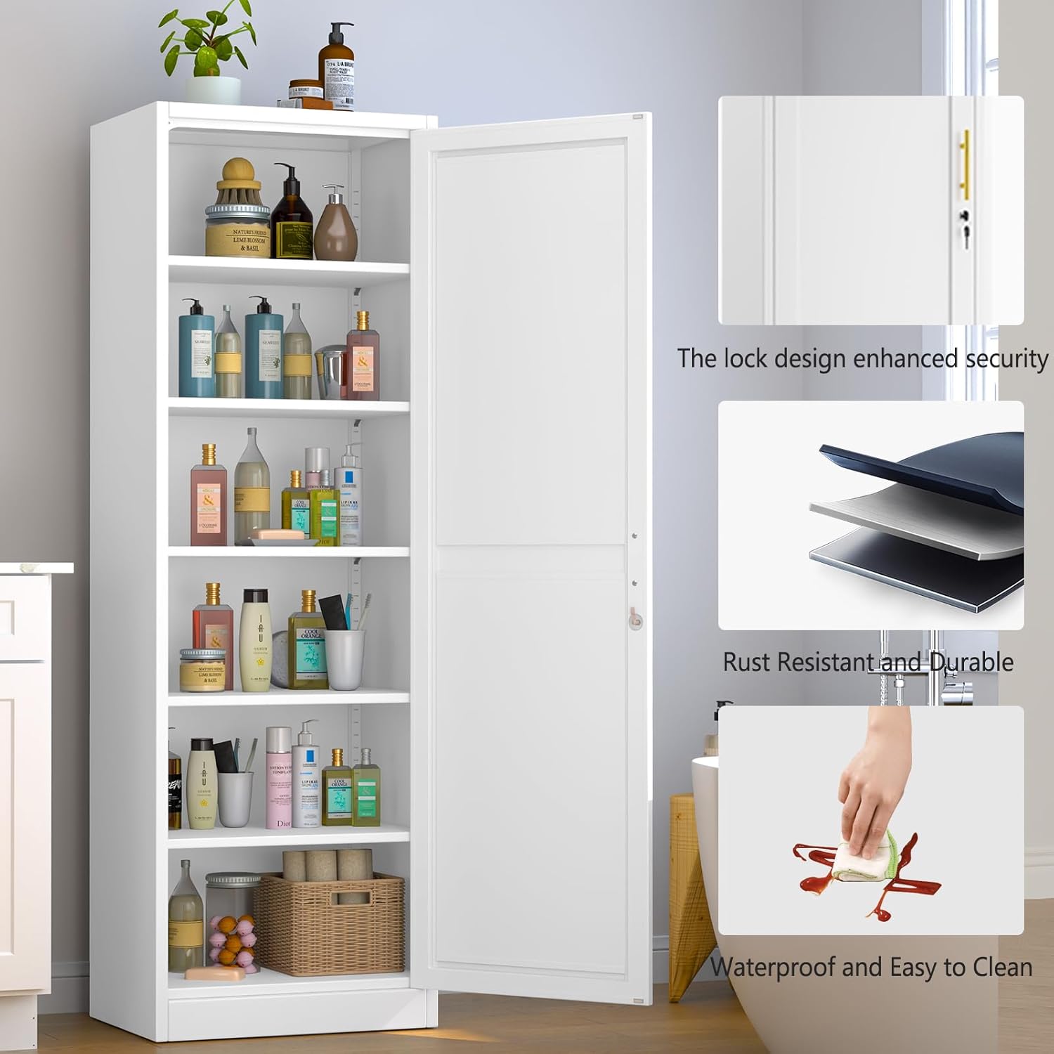 Metal Locker Cabinet with Doors and Shleves, 67" H Tall Narrow Storage Cabinet with Lock, Office Cabinet for Home Office, Living Room, Pantry, Bathroom (1Door-Lock, White)