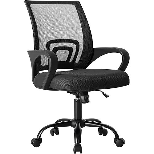 OLIXIS Office Desk Chair - Ergonomic Mid Back with Lumbar Support & Rocking Mode, Height Adjustable with Fixed Armrest, Storage Back for Computer, Gaming, Conference, Meeting, 360° Swivel, Black