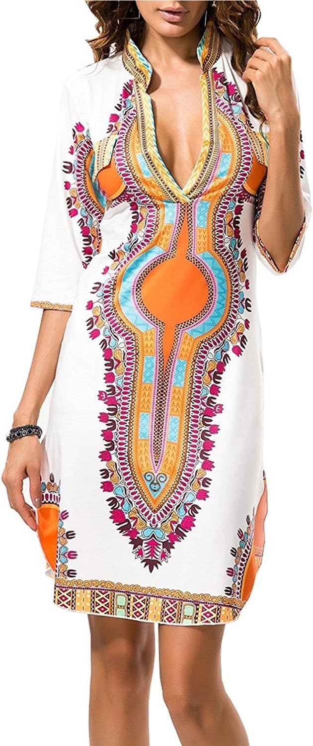 Women Bohemian V Neck Vintage African Print Ethnic Shift Dress