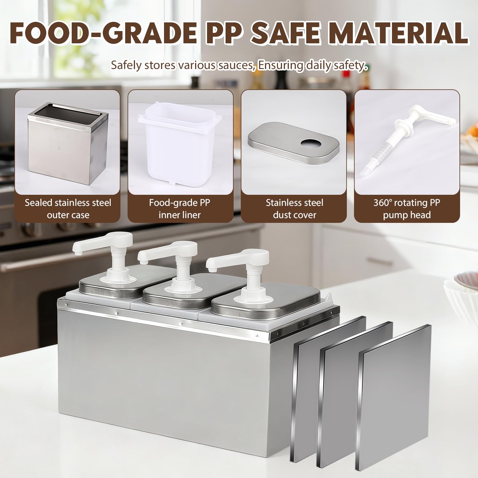 Distributore di salsa, distributore di salsa, 3 teste, dispenser di ketchup, in acciaio inox, erogatore di senape, dosatore per ketchup, maionese, senape, miele, salsa di soia aceto