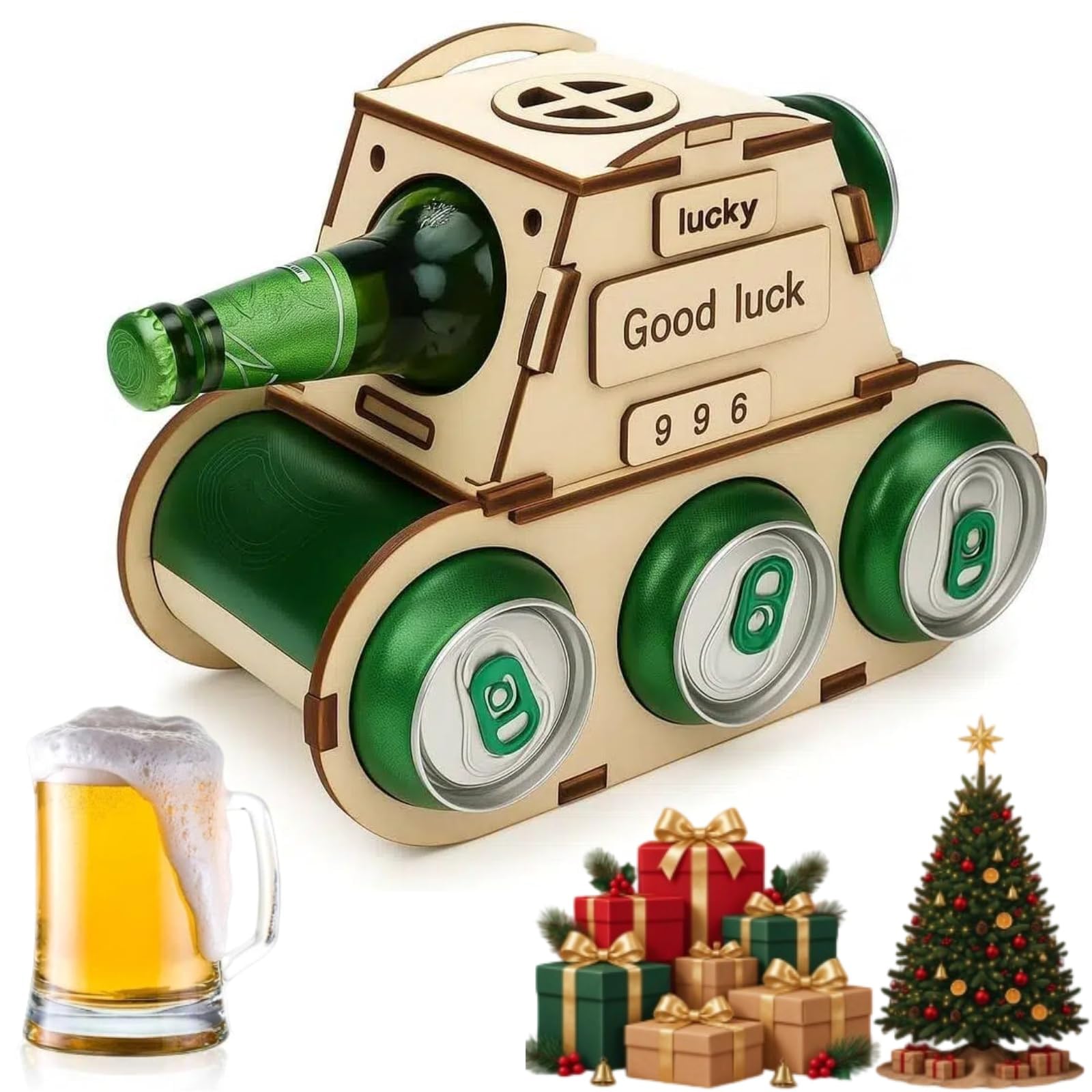 Holz Bier Flaschenträger Panzer Design, Tischdekoration für Weihnachten | Originelles Bier Geschenk für Männer, Väter & Freunde zum Geburtstag und Weihnachten, Holz Bierträger für Feiern und Partys
