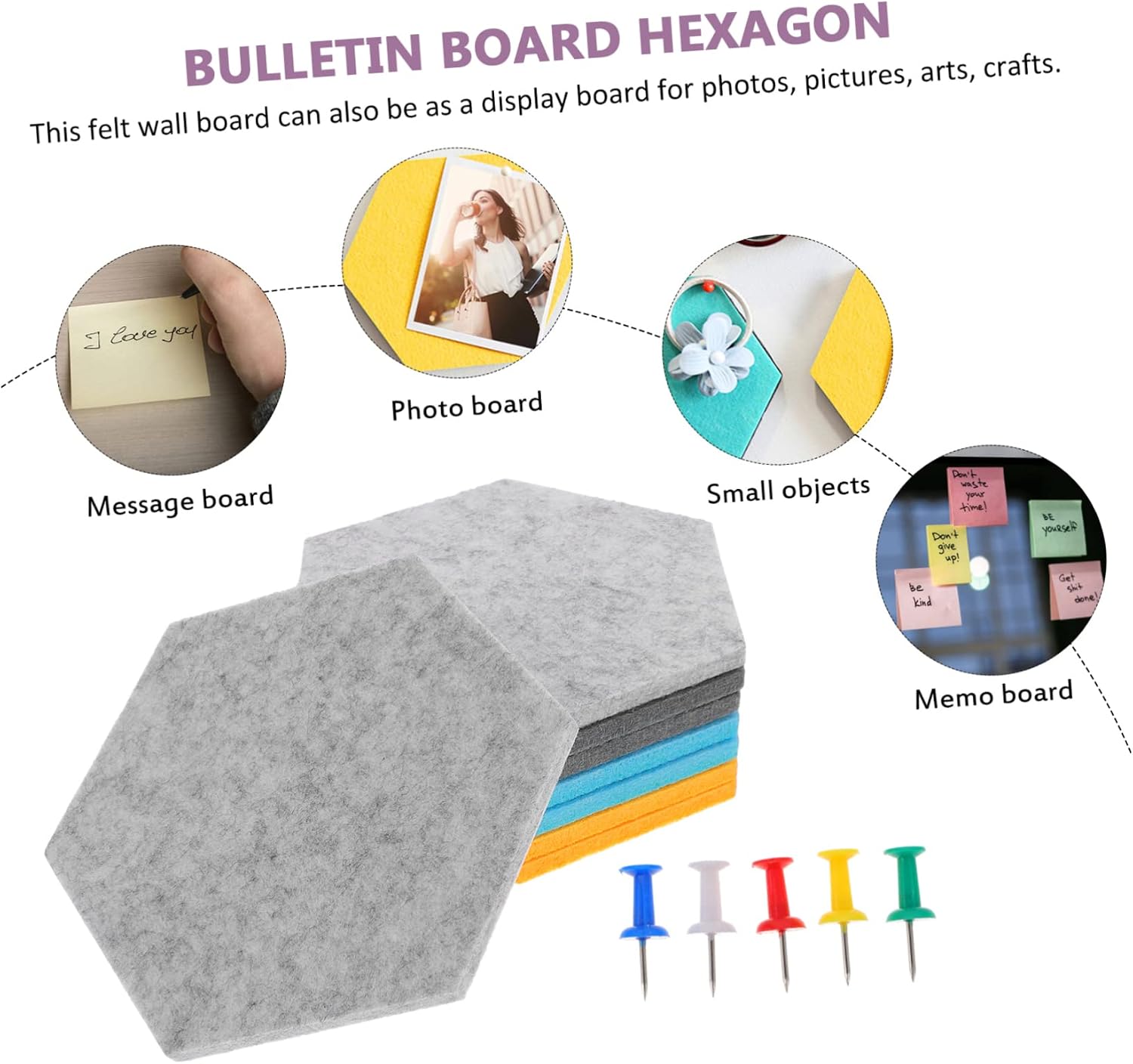 8pcs Hexagon Felt Memo Board Wall Adhesive Pushpin Board Hooks Bulletin for Home Office Classroom