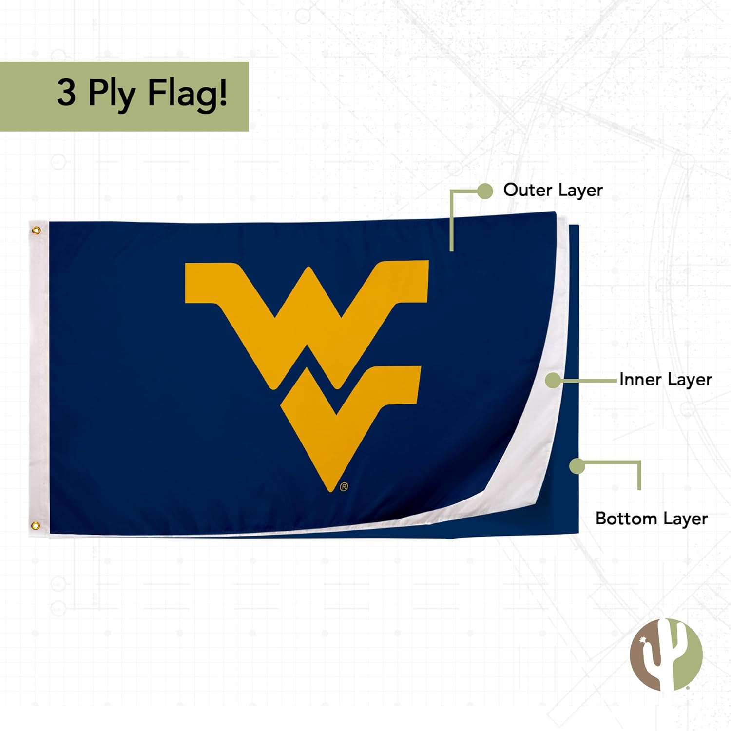 Desert Cactus West Virginia University Flag Double Sided WVU Mountaineers Banners 100% Polyester Indoor Outdoor 3x5 feet Flags (Double Sided - Flag 1)