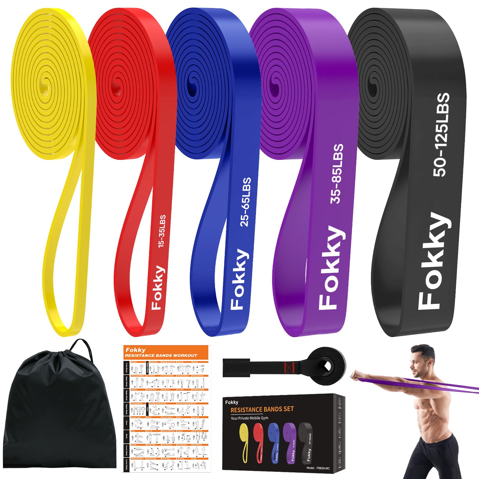 Fokky Fitnessbänder Widerstandsbänder Set mit 5 Stufen für Männer und Frauen, Resistance Bands mit Türanker, Übungsanleitung, Tragebeutel für Krafttraining, Stretching, Calisthenics, Cross-Fitness