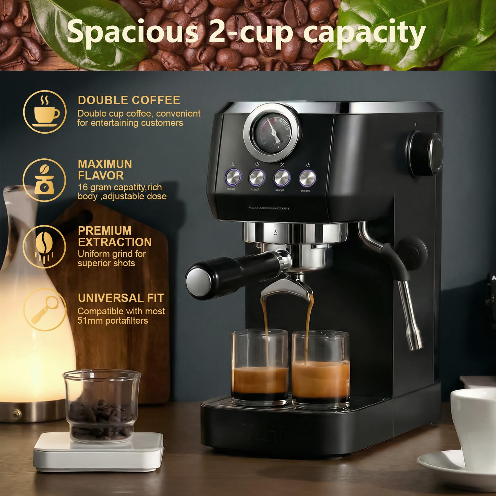 Portafiltro 51 mm con 3 Orejas y Doble Caño Compatible con DeLonghi Dedica EC680/EC685/EC885 – Acero Inoxidable 304 y Mango ABS, Fácil de Limpiar (Negro)